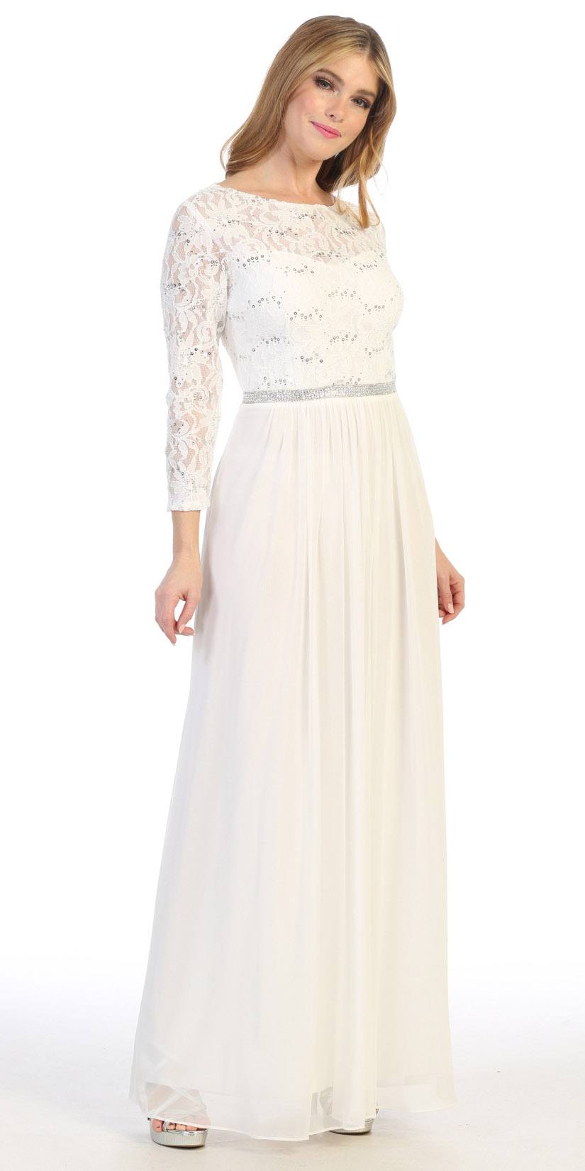 CLEARANCE - Celavie 6305L Three-Quarter Length Lace Sleeve Dress A-line (Size M) by DiscountDressShop