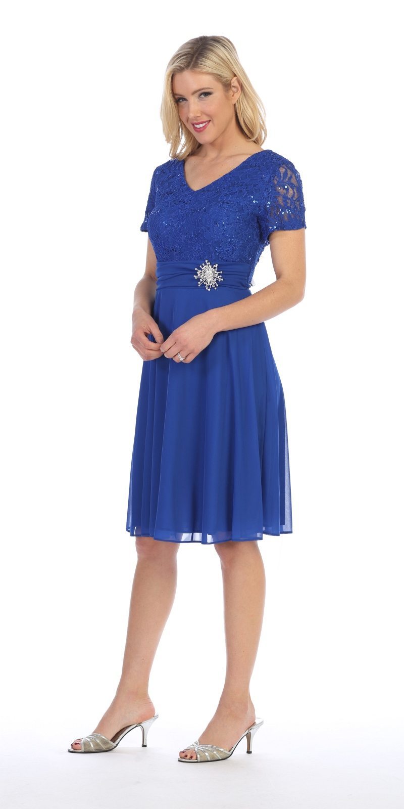 CLEARANCE - Celavie 6320S Knee Length Dress With Short Sleeves (Size L) by DiscountDressShop