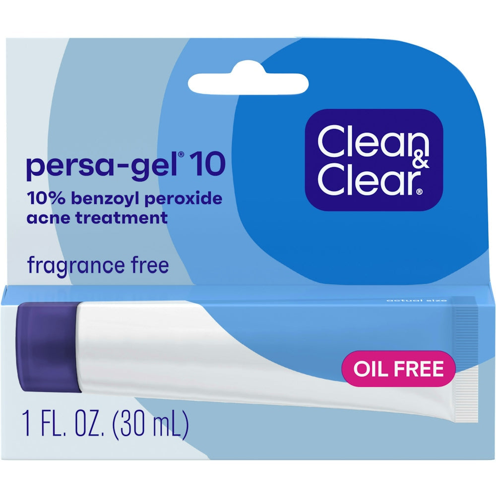 Clean & Clear Persa-Gel 10 Oil-Free Acne Spot Treatment With Maximum Strength 10% Benzoyl Peroxide, Topical Pimple Cream Gel Medication For Face, Fragrance-Free, 1 Fl. Oz by Pasteur Pharmacy