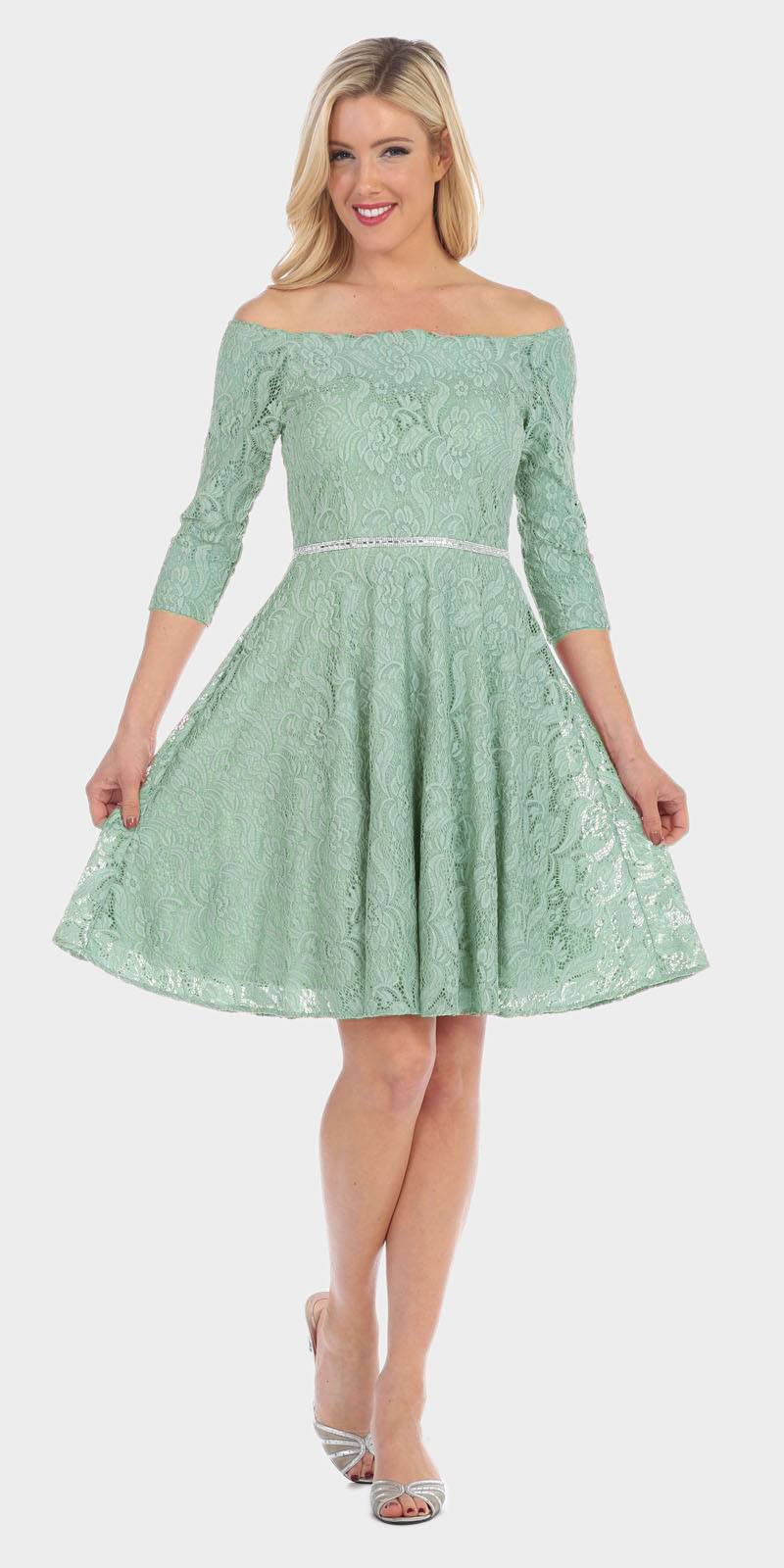 CLEARANCE - Celavie 6343S Off-the-Shoulder Short Lace A-Line Dress (Size XL) by DiscountDressShop