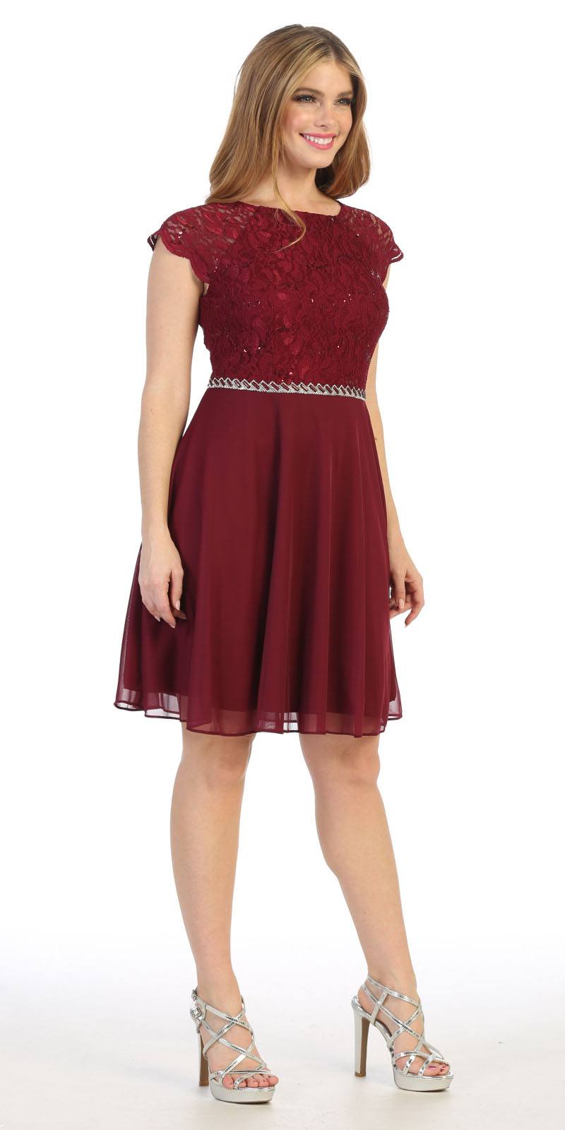 CLEARANCE - Celavie 6394-S Embellished Waist Short Sleeve Dress (Size 2XL) by DiscountDressShop