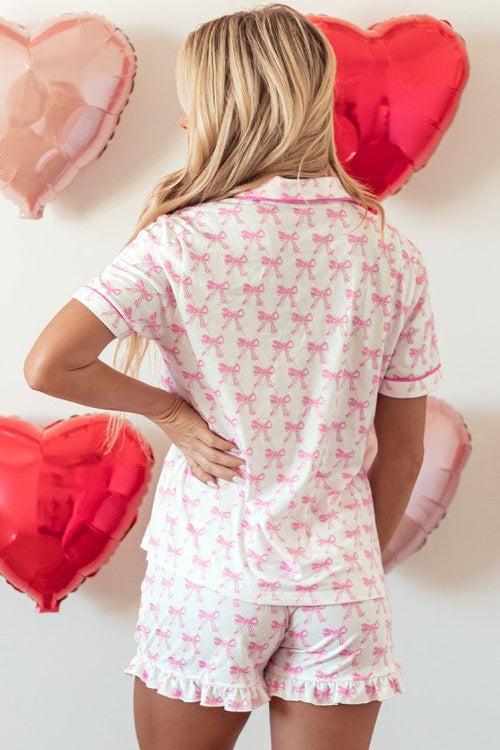 Women's Pink Bow Print Pajama Set - Short Sleeve Top & Ruffled Shorts