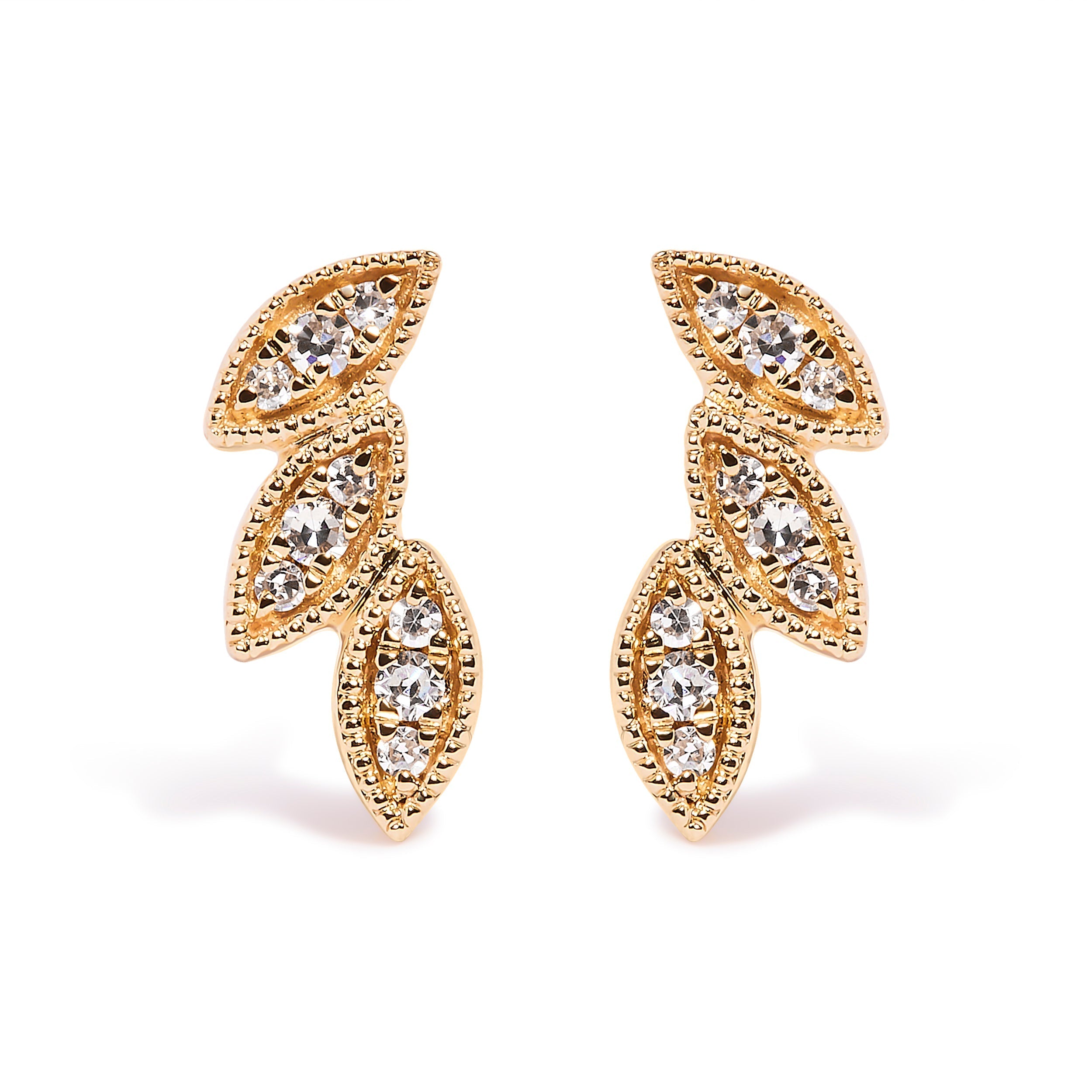 10K Yellow Gold 1/10 Cttw Diamond Triple Leaf Stud Earring (H-I Color, I1-I2 Clarity) DestGlow
