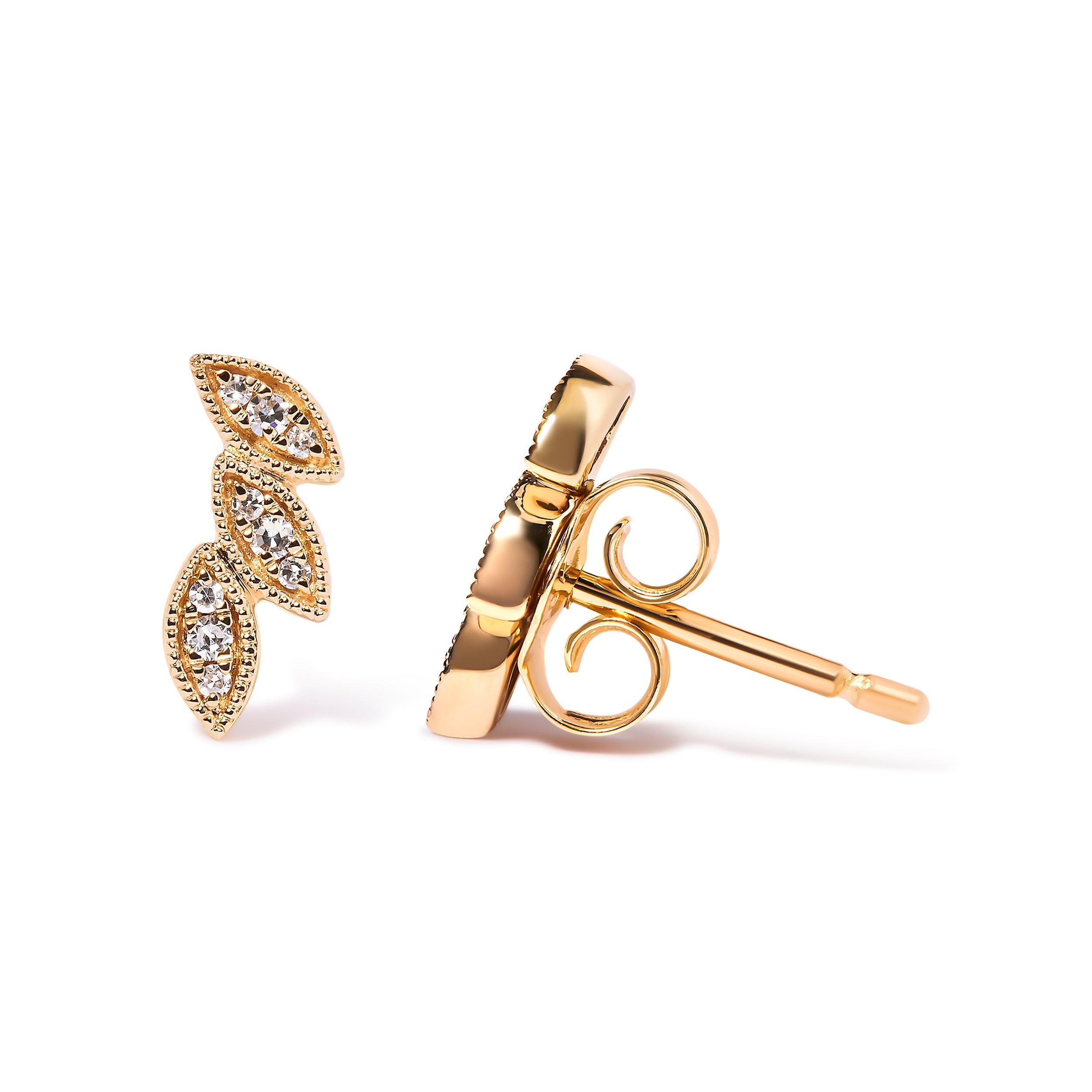 10K Yellow Gold 1/10 Cttw Diamond Triple Leaf Stud Earring (H-I Color, I1-I2 Clarity) DestGlow