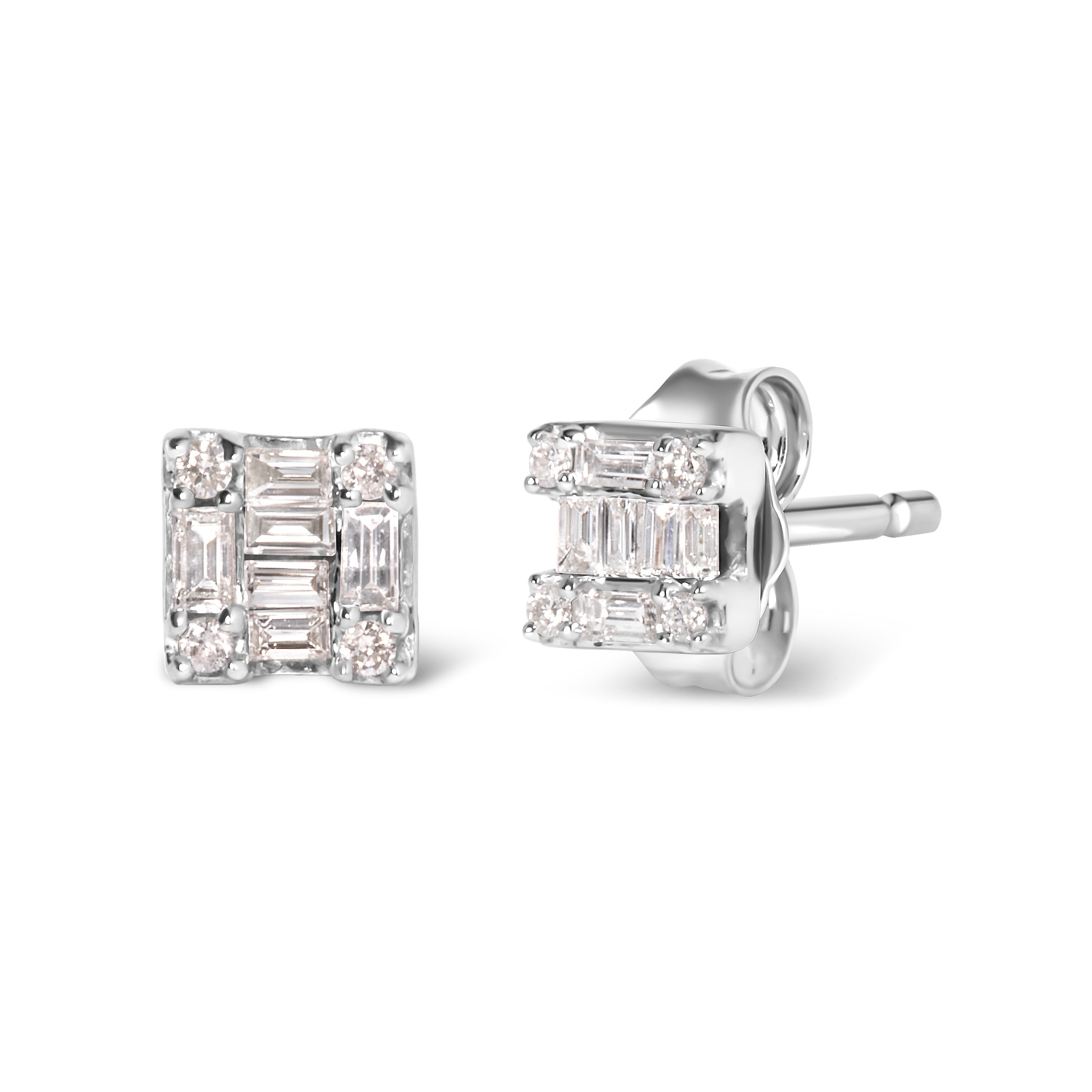 10K White Gold 1/7 Cttw Round and Baguette Diamond Mosaic Square Stud Earrings (H-I Color, I1-I2 Clarity) DestGlow