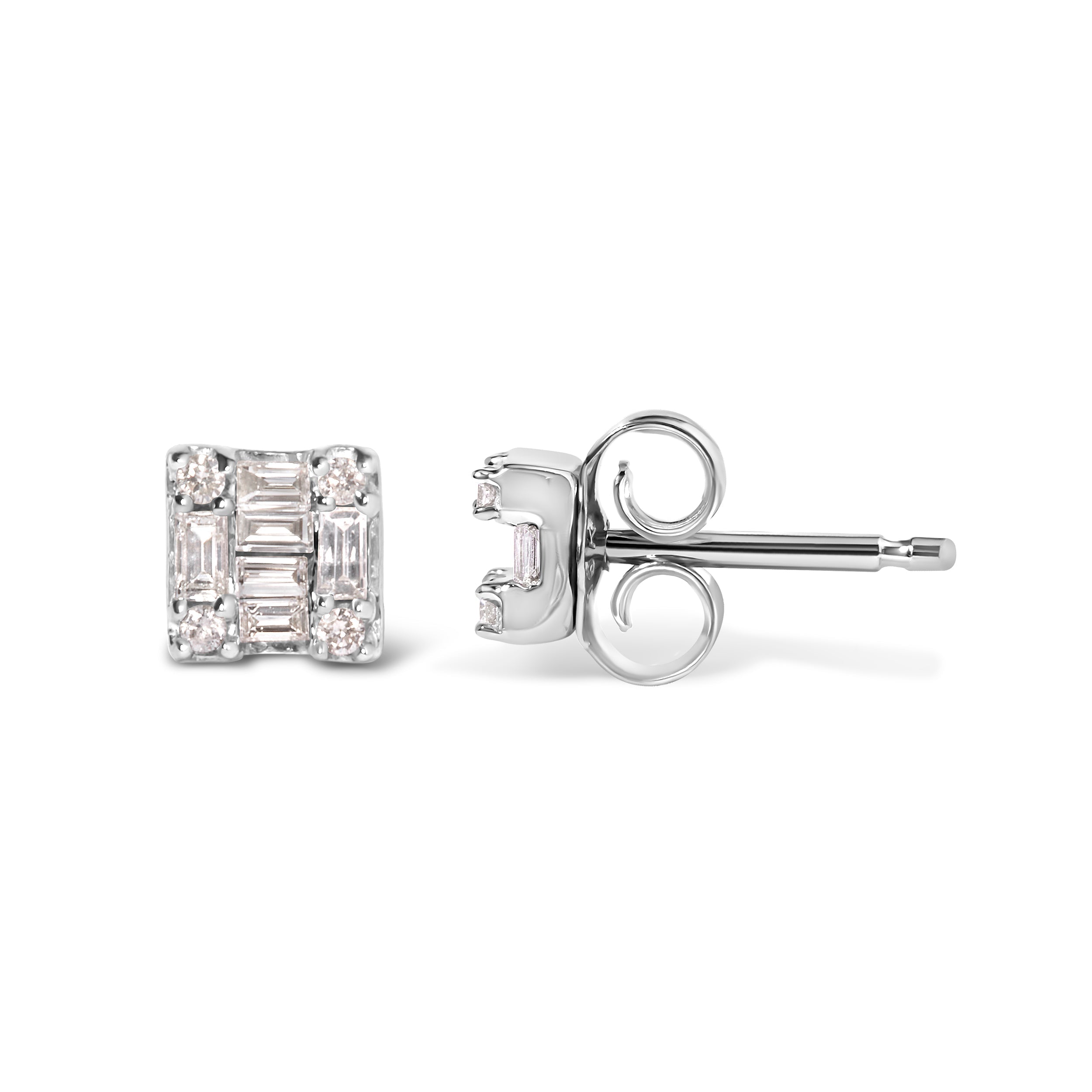 10K White Gold 1/7 Cttw Round and Baguette Diamond Mosaic Square Stud Earrings (H-I Color, I1-I2 Clarity) DestGlow