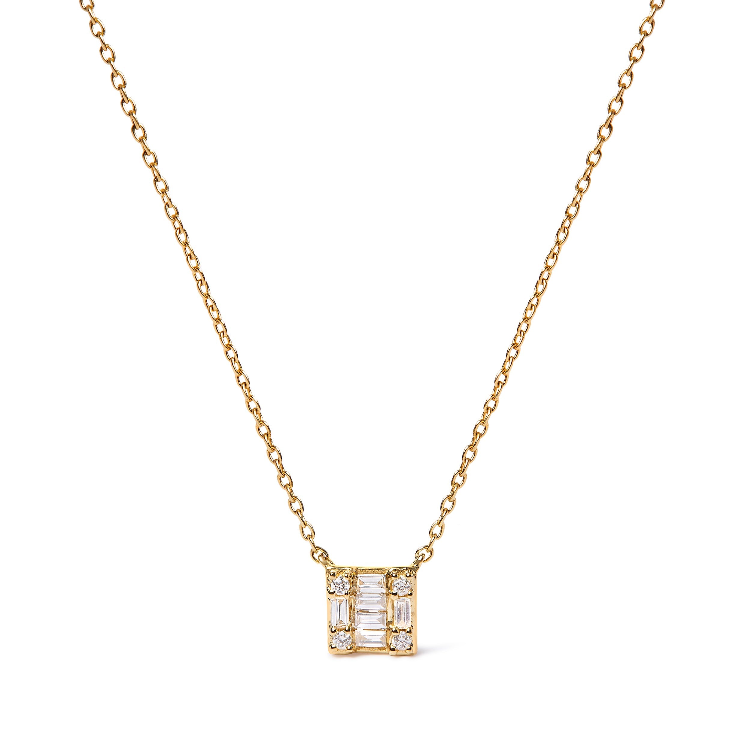 10K Yellow Gold 1/10 Cttw Round and Baguette Diamond Mosaic Composite Square 18" Inch Pendant Necklace (H-I Color, I1-I2 Clarity) by Bids.com