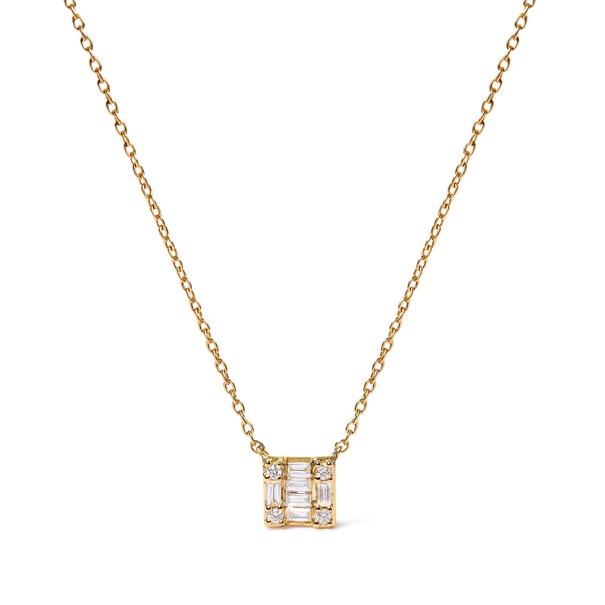 10K Yellow Gold 1/10 Cttw Round and Baguette Diamond Mosaic Composite Square 18" Inch Pendant Necklace (H-I Color, I1-I2 Clarity)