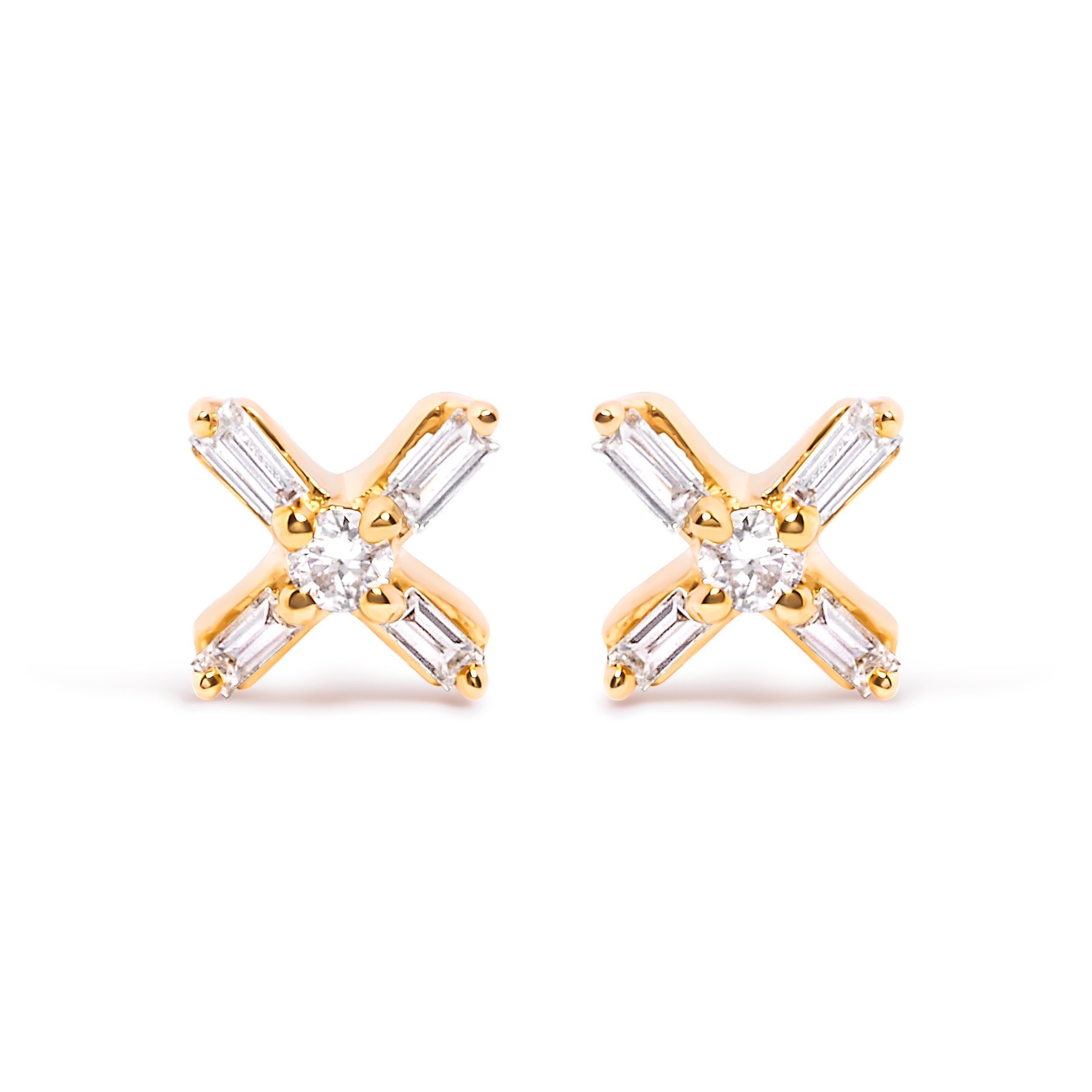 10K Yellow Gold 1/10 Cttw Round and Baguette Diamond Criss Cross X Stud Earring (H-I Color, I1-I2 Clarity)