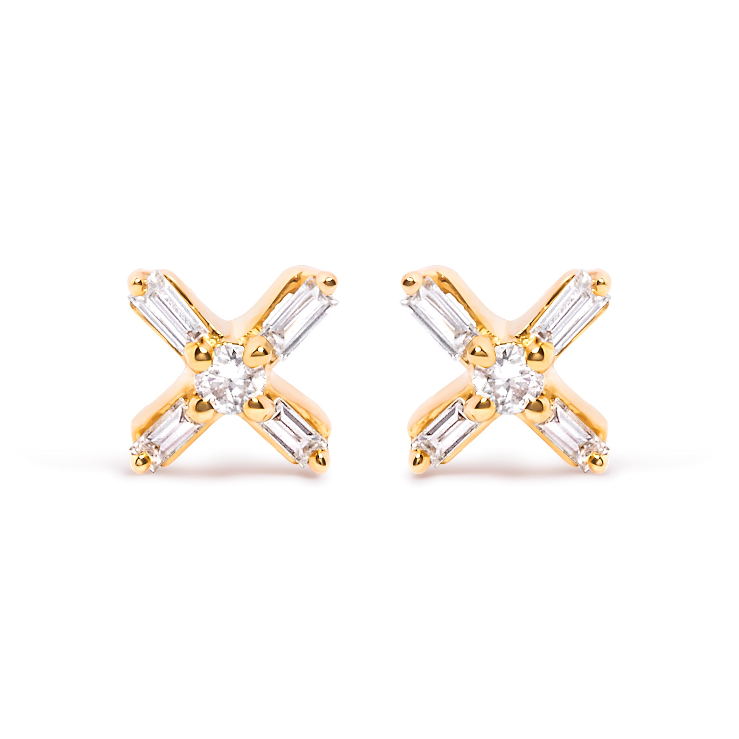 10K Yellow Gold 1/10 Cttw Round and Baguette Diamond Criss Cross X Stud Earring (H-I Color, I1-I2 Clarity) by Bids.com