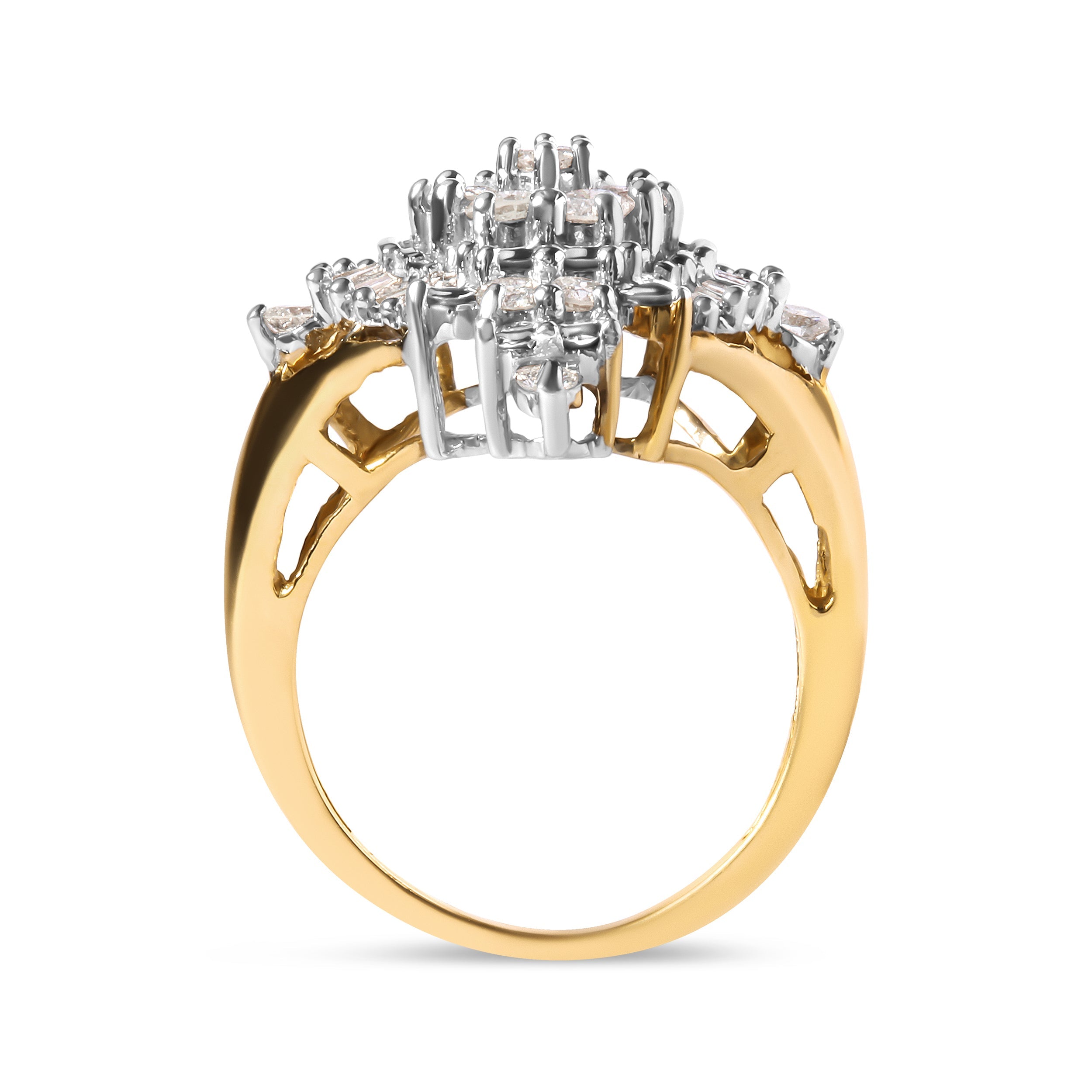 10K Yellow Gold 1 Cttw Round and Baguette cut Diamond Cluster and Rhombus Halo Ring (H-I Color, I1-I2 Clarity) - Ring Size 7 by Bids.com