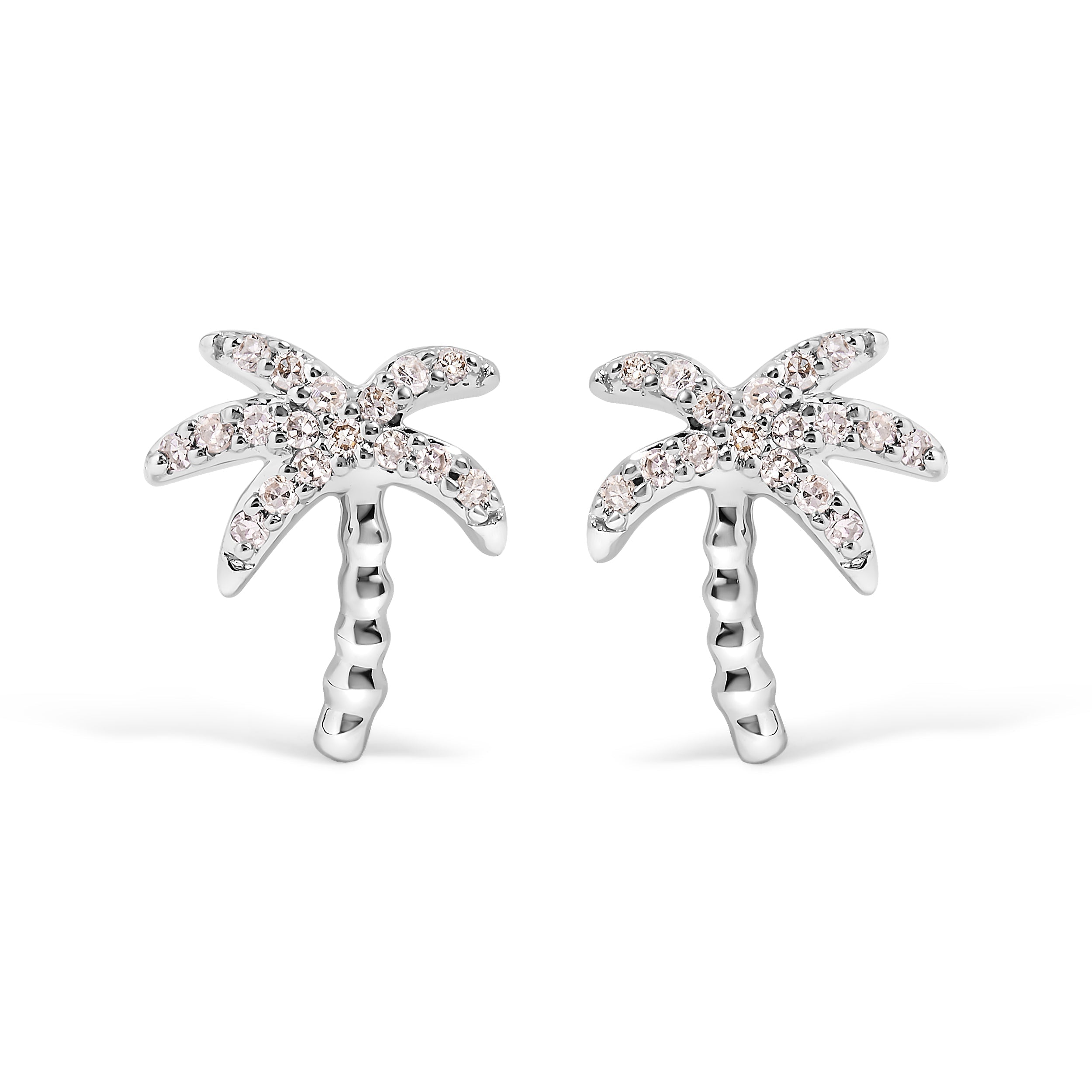 10K White Gold 1/10 Cttw Diamond Encrusted Palm Tree Stud Earrings (H-I Color, I1-I2 Clarity) DestGlow