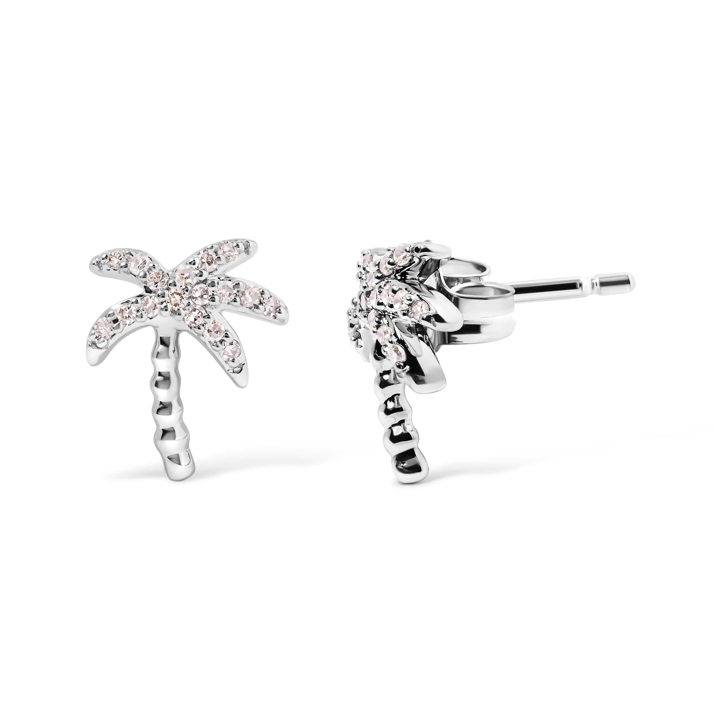10K White Gold 1/10 Cttw Diamond Encrusted Palm Tree Stud Earrings (H-I Color, I1-I2 Clarity) DestGlow