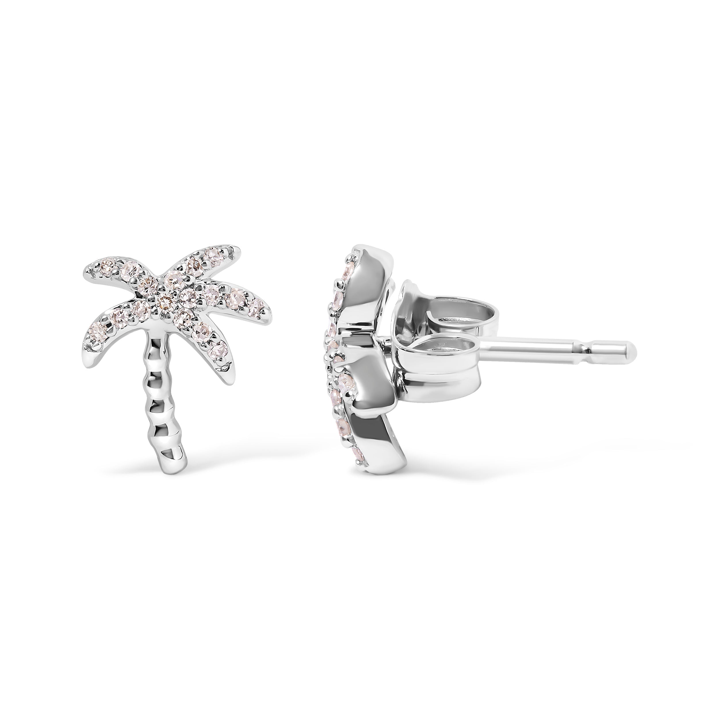 10K White Gold 1/10 Cttw Diamond Encrusted Palm Tree Stud Earrings (H-I Color, I1-I2 Clarity) DestGlow