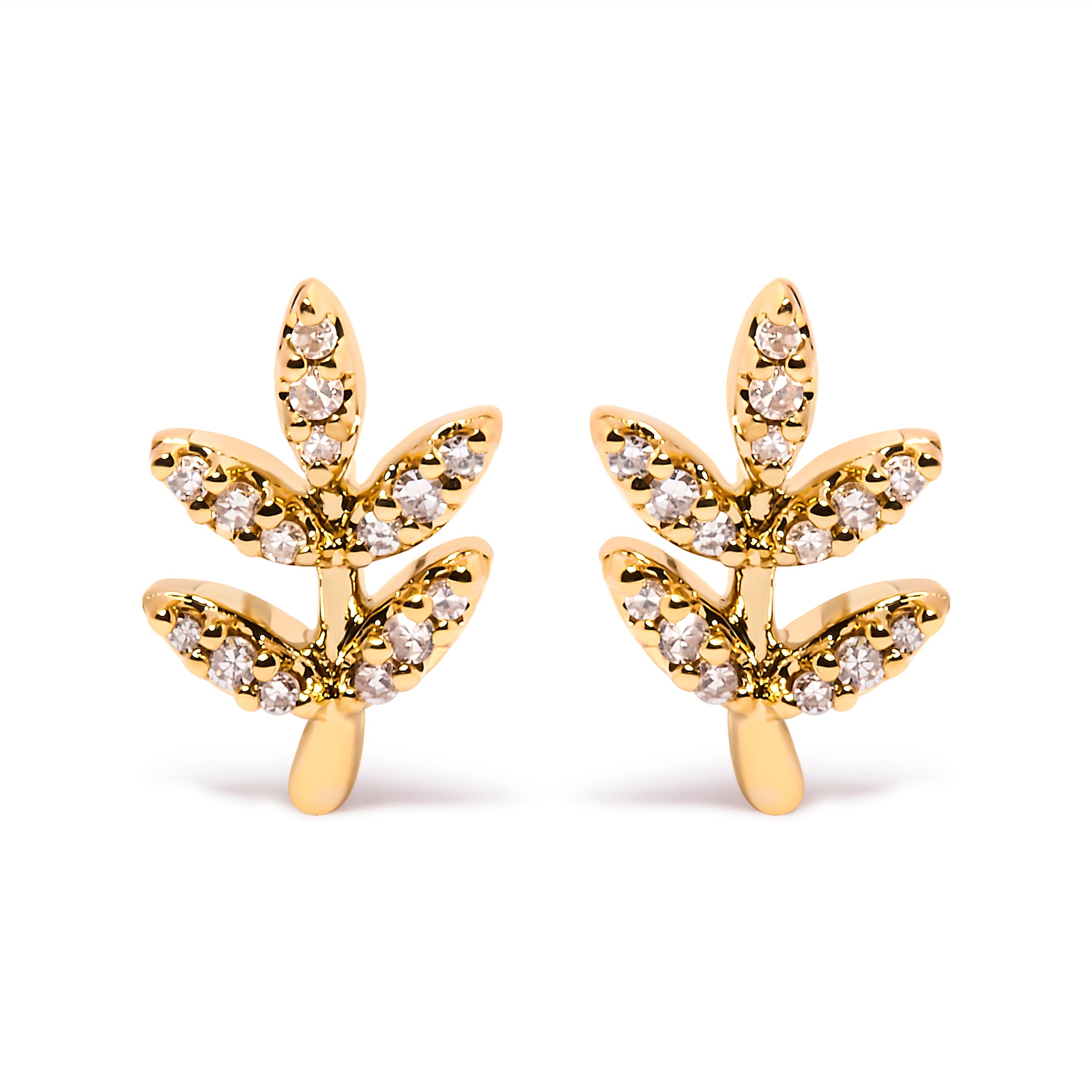 10K Yellow Gold 1/10 Cttw Diamond Accented Leaf and Branch Stud Earrings (H-I Color, I1-I2 Clarity) DestGlow