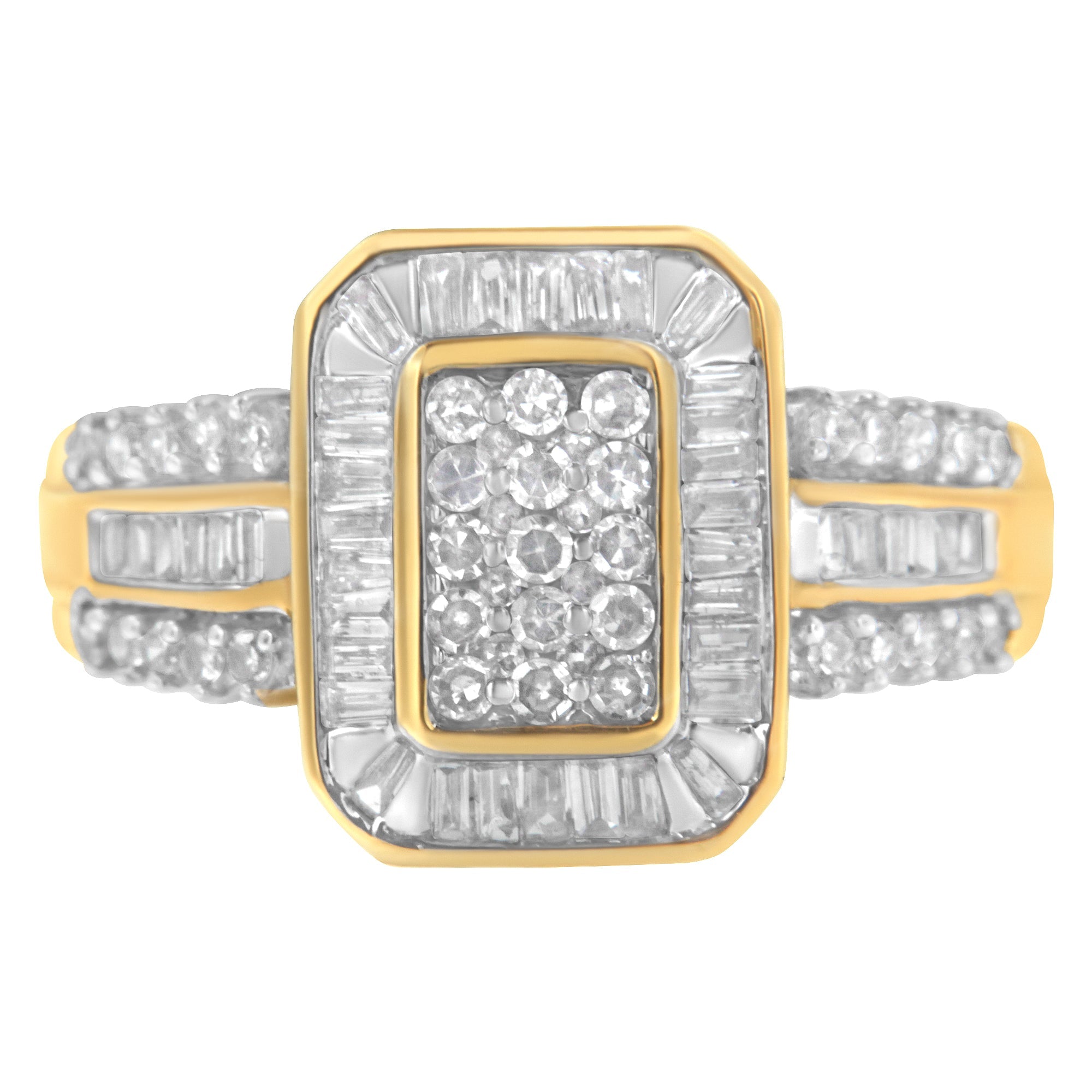 10K Yellow Gold Round and Baguette-Cut Diamond Cluster Ring (1.0 Cttw, I-J Color, SI1-SI2 Clarity) - Size 7 by Bids.com