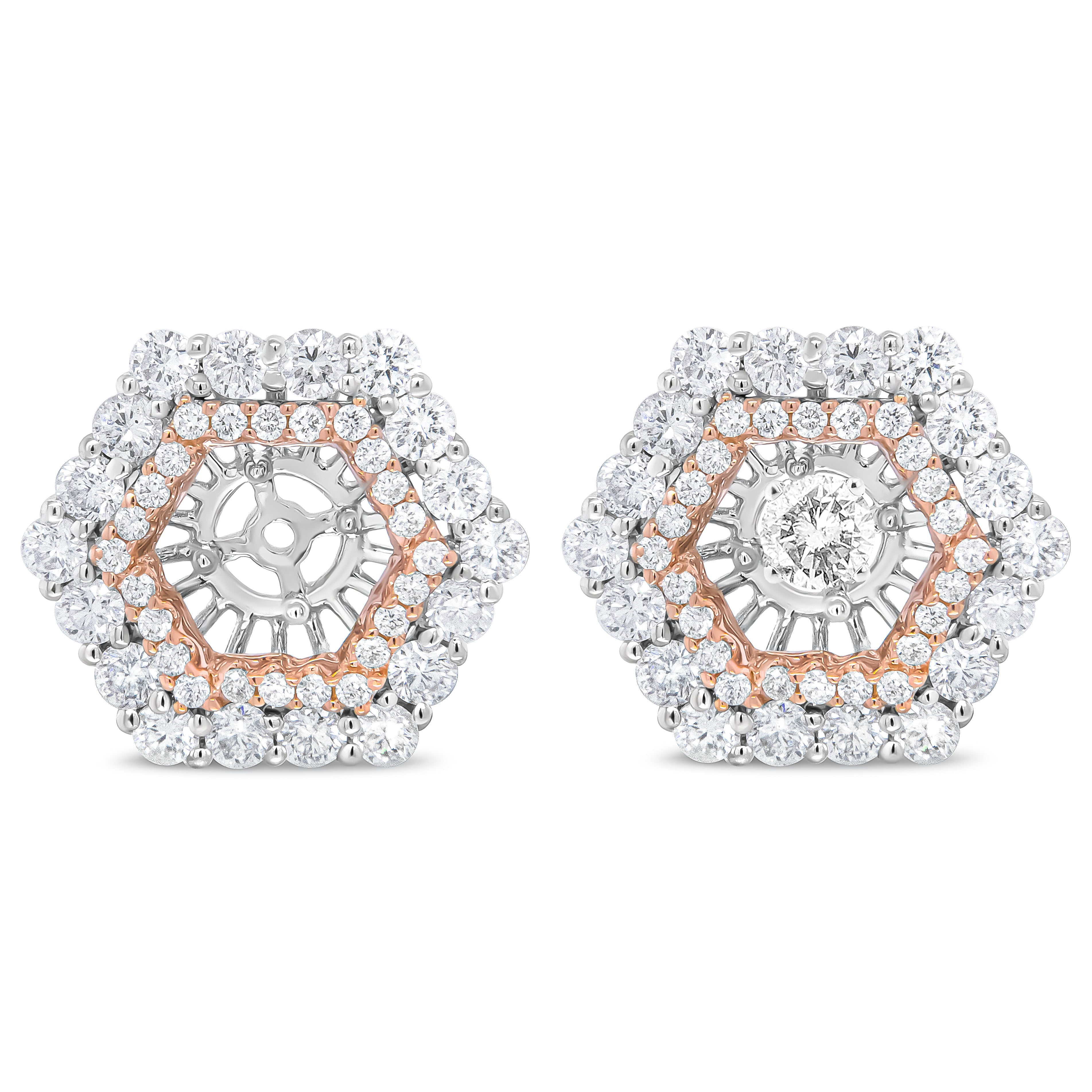 14K Rose and White Gold 1 7/8 Cttw Round Diamond Double Halo Earring Jacket for 6mm Round Studs (G-H Color, VS2-SI1 Clarity) DestGlow