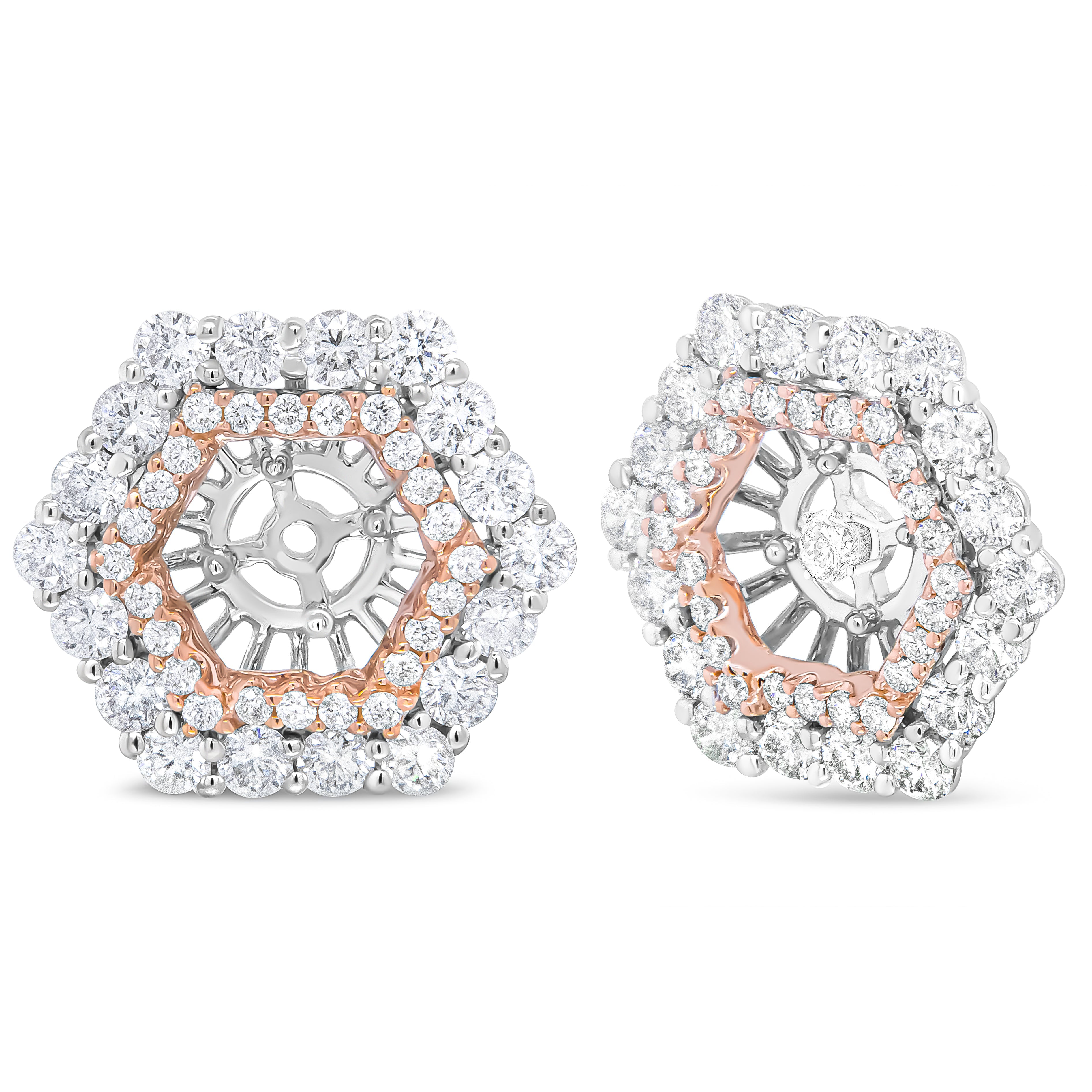 14K Rose and White Gold 1 7/8 Cttw Round Diamond Double Halo Earring Jacket for 6mm Round Studs (G-H Color, VS2-SI1 Clarity) DestGlow