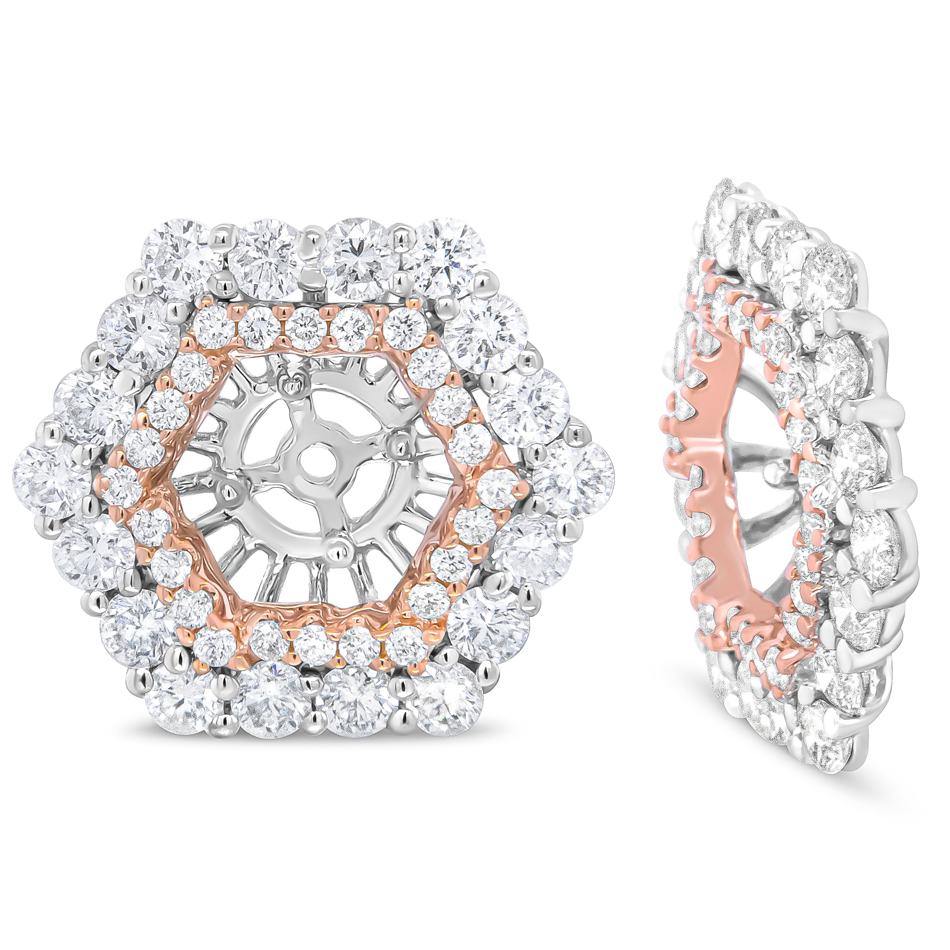 14K Rose and White Gold 1 7/8 Cttw Round Diamond Double Halo Earring Jacket for 6mm Round Studs (G-H Color, VS2-SI1 Clarity) DestGlow