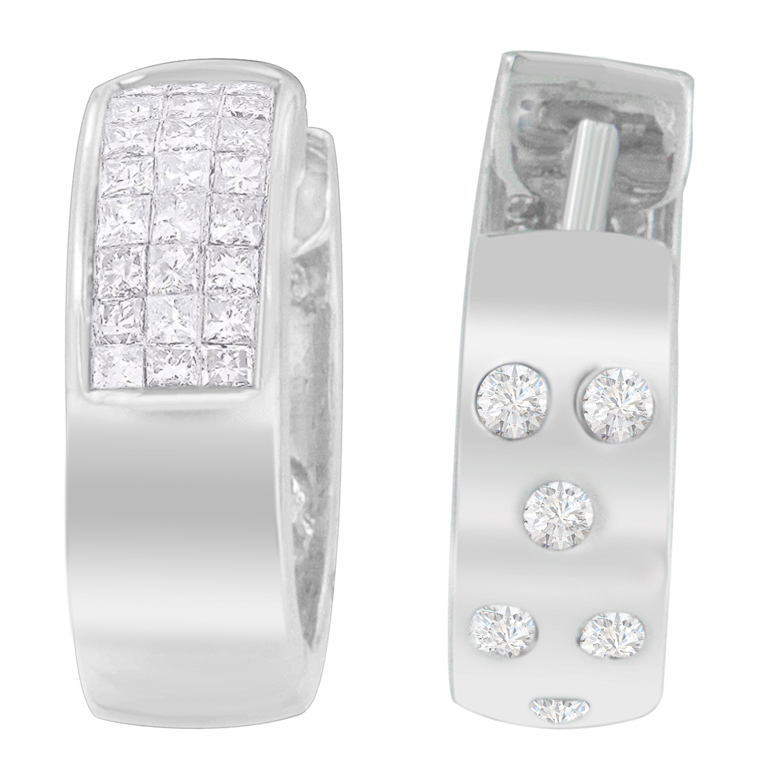 14K White Gold 1 1/8 cttw Princess and Round Cut Diamond Huggie Earrings (H-I, VS1-VS2) by Bids.com