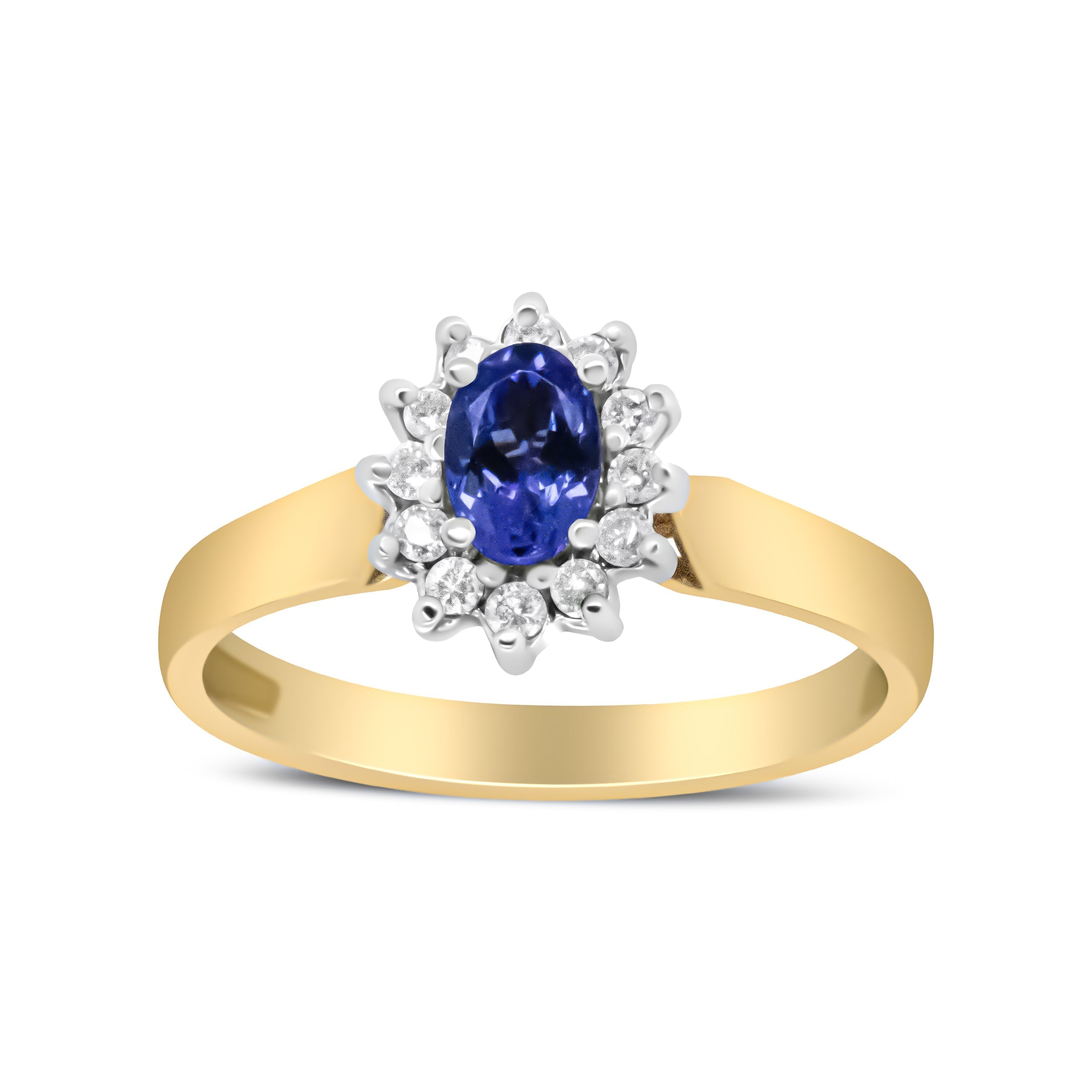 14K Yellow Gold 1/5 Cttw Round Diamond and 6x4mm Oval Blue Tanzanite Halo Ring (H-I Color, I1-I2 Clarity) - Size 7.75 DestGlow
