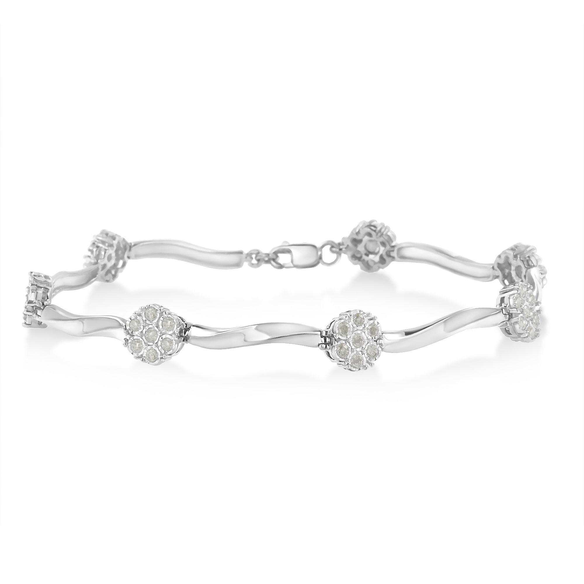.925 Sterling Silver 1.0 cttw Miracle-Set Diamond 7 Stone Floral Cluster Link Bracelet (I-J Color, I3 Clarity) -7" by Bids.com