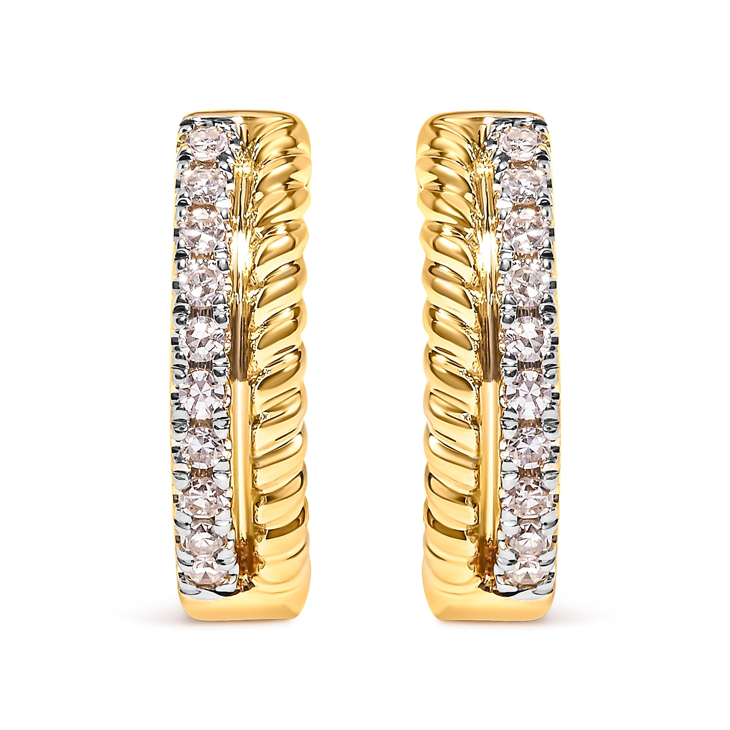 10K Yellow Gold 1/10 Cttw Diamond and Rope Twist Huggy Hoop Earrings (H-I Color, I1-I2 Clarity) DestGlow