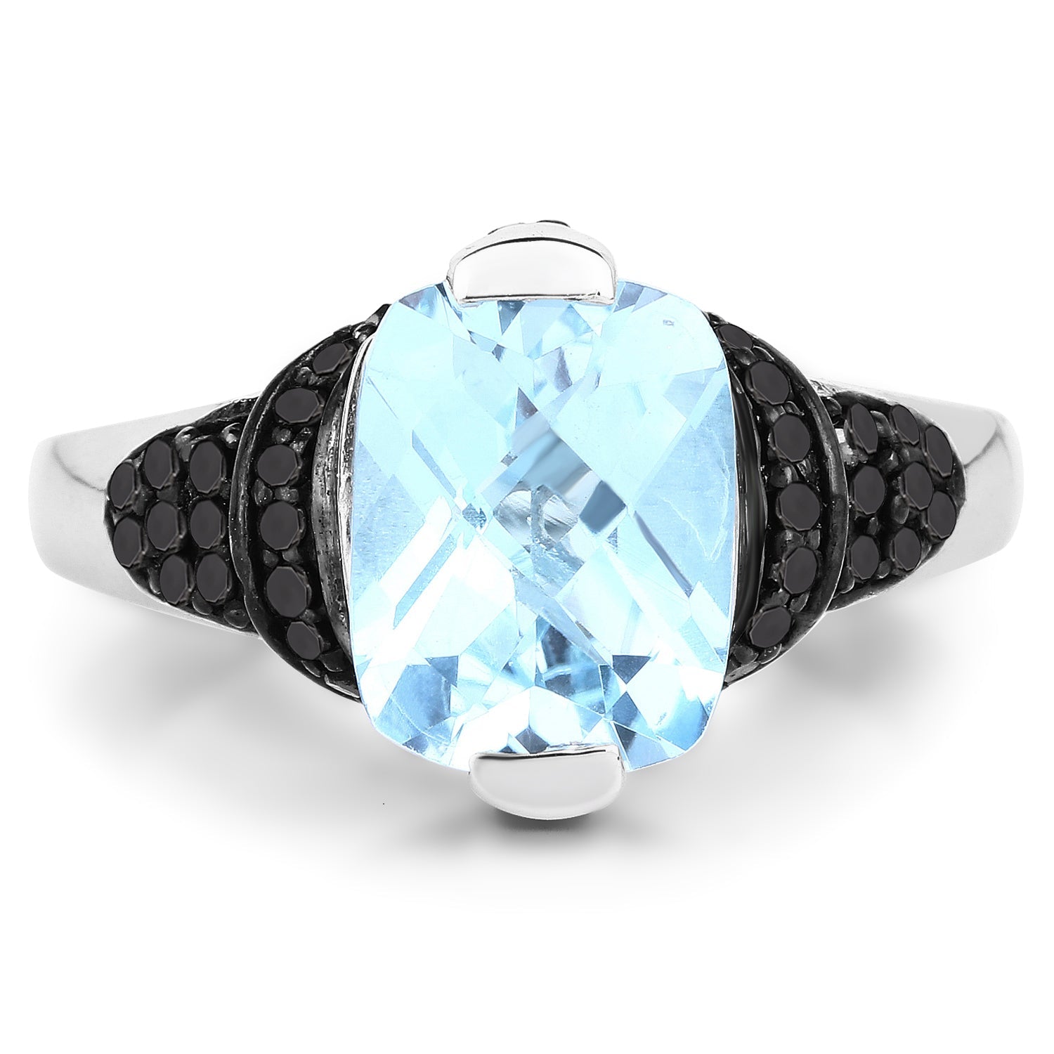 3.81 Carat Genuine Baby Swiss Blue Topaz, Black Diamond and White Diamond .925 Sterling Silver Ring by Bids.com