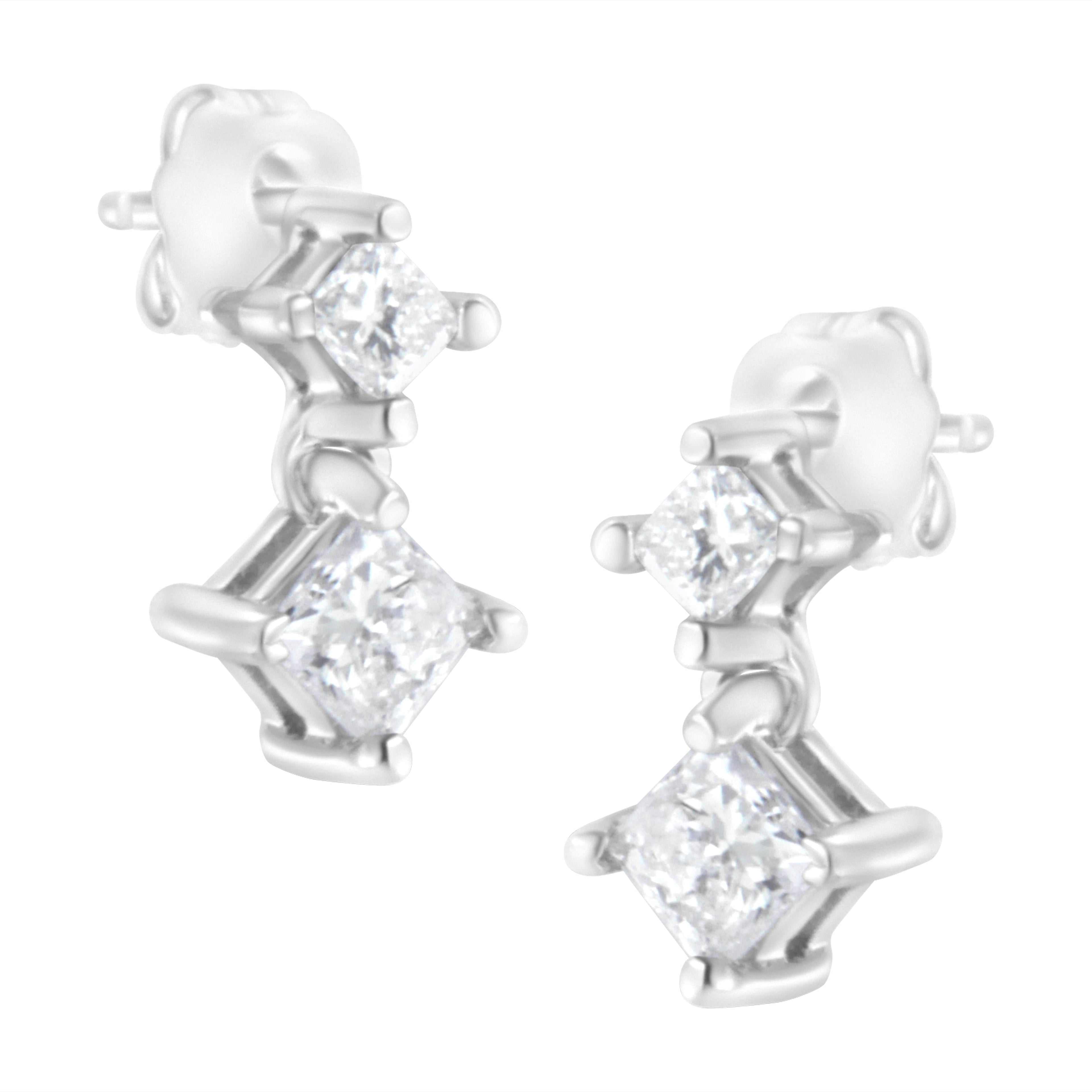 14K White Gold 3/4 cttw Double Diamond Princess-Cut Stud Earrings (I-J Clarity, I2-I3 Color) by Bids.com