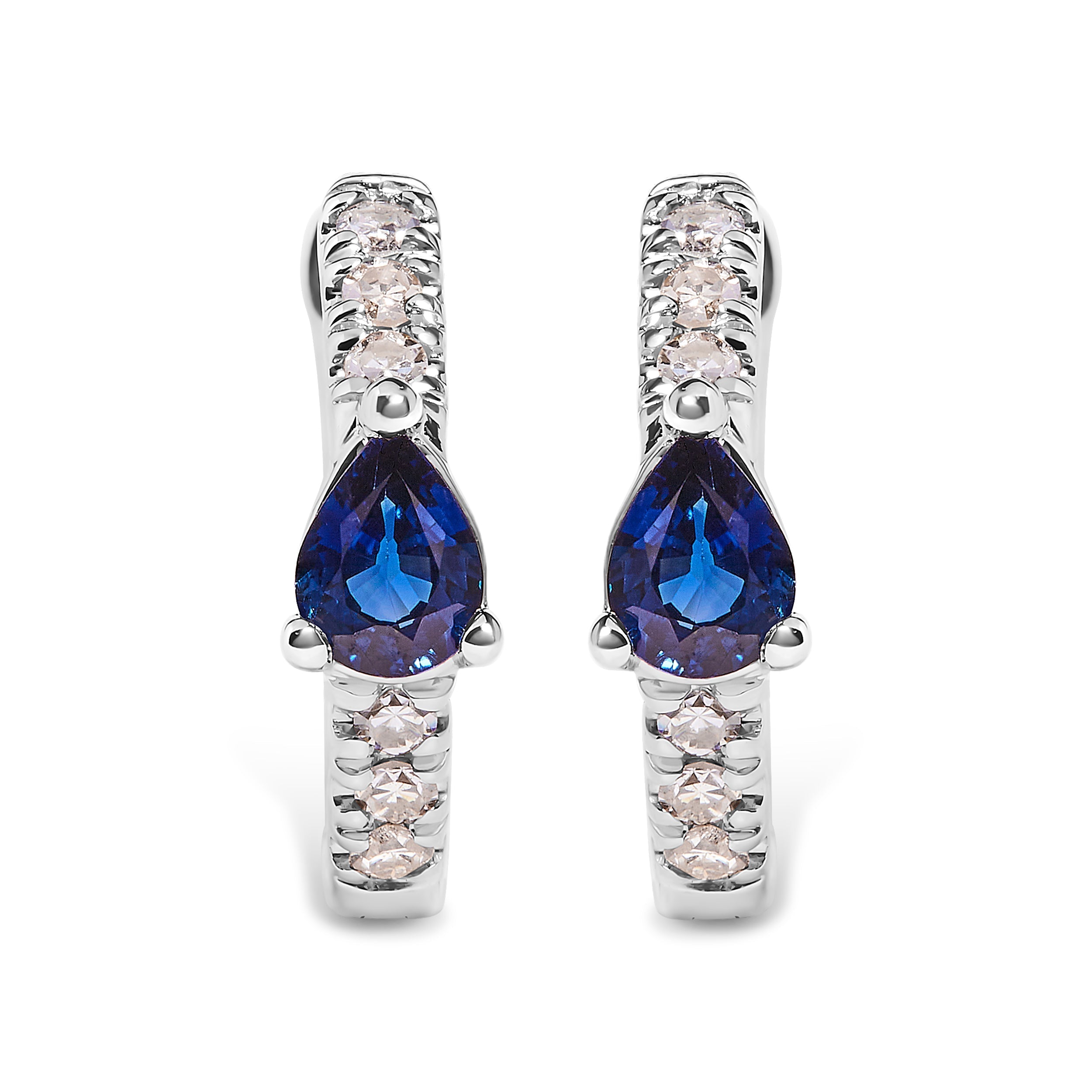 10K White Gold Pear Shaped Blue Sapphire and 1/10 Cttw Diamond Huggy Hoop Earrings (H-I Color, I1-I2 Clarity) DestGlow