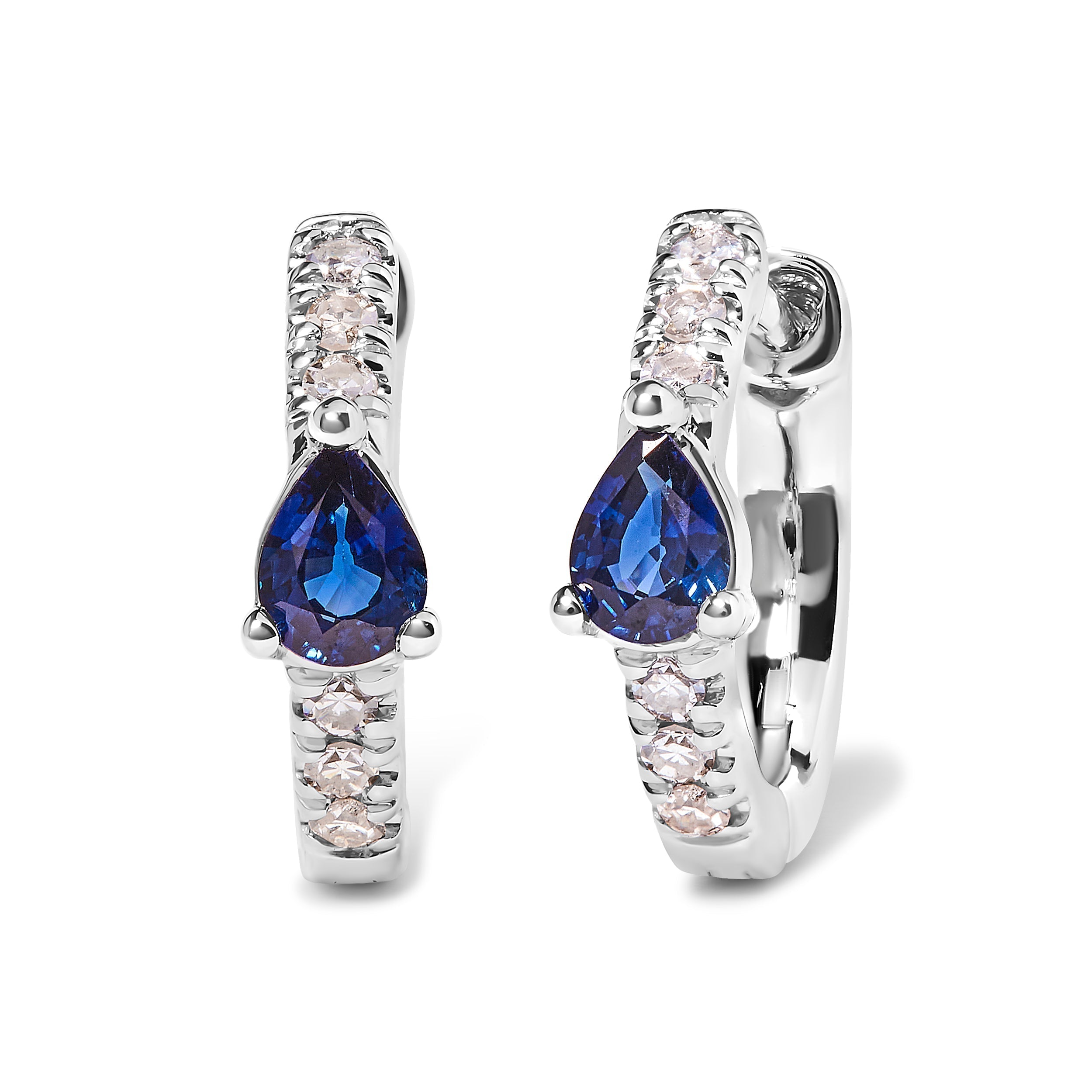 10K White Gold Pear Shaped Blue Sapphire and 1/10 Cttw Diamond Huggy Hoop Earrings (H-I Color, I1-I2 Clarity) DestGlow
