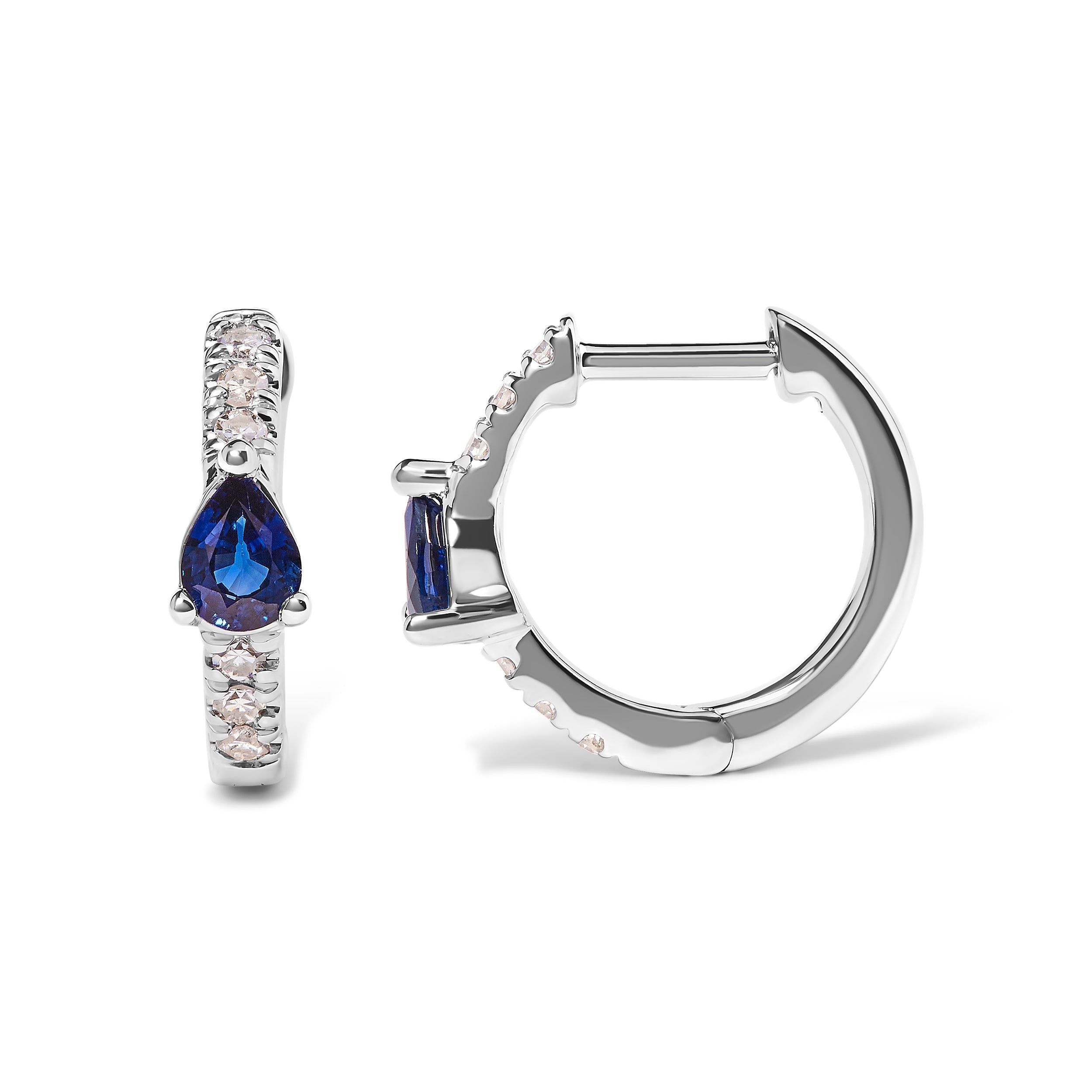 10K White Gold Pear Shaped Blue Sapphire and 1/10 Cttw Diamond Huggy Hoop Earrings (H-I Color, I1-I2 Clarity) DestGlow