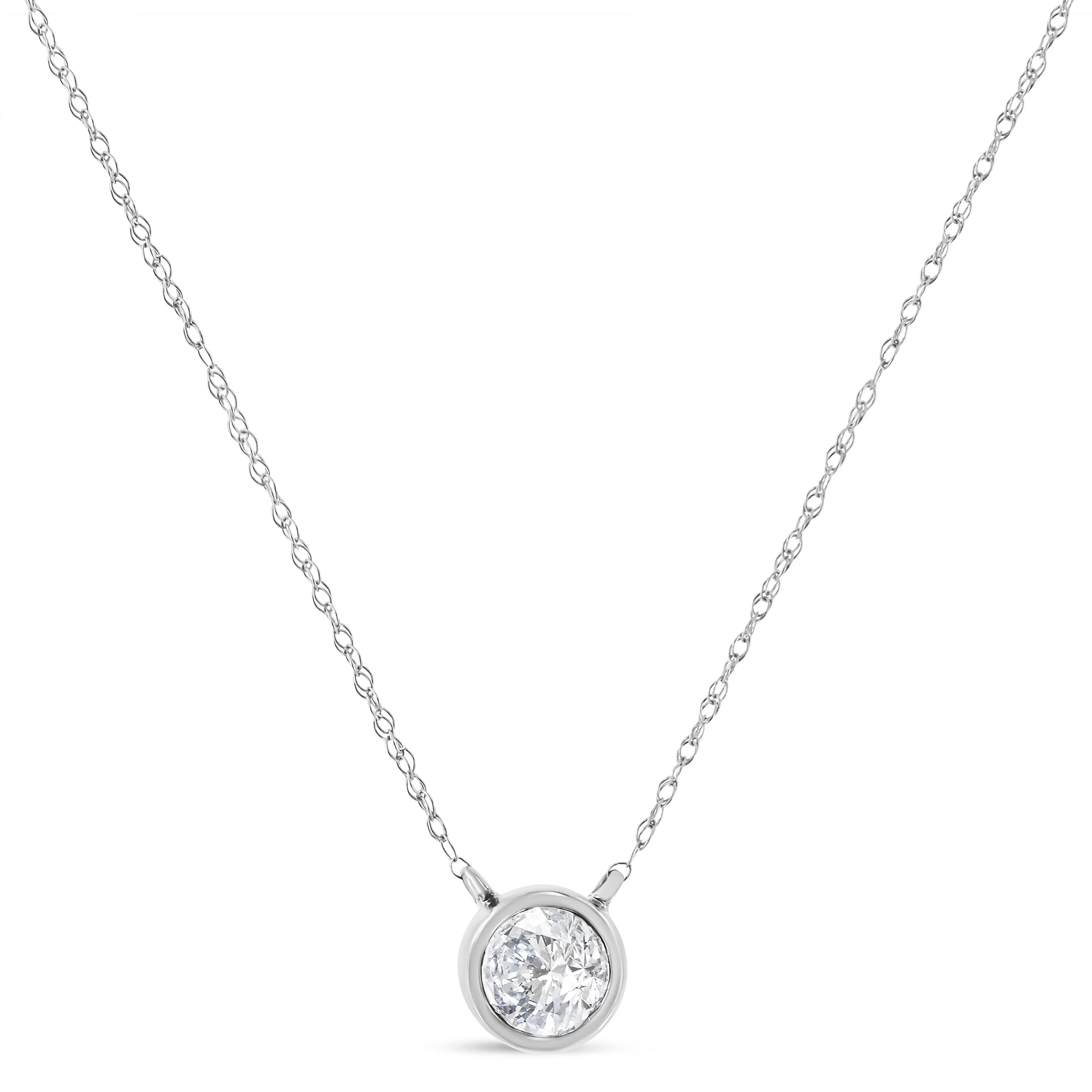AGS Certified 10K White Gold 1/5 Cttw Bezel Set Round Diamond Solitaire 16-18" Adjustable Pendant Necklace (H-I Color, SI1-SI2 Clarity)