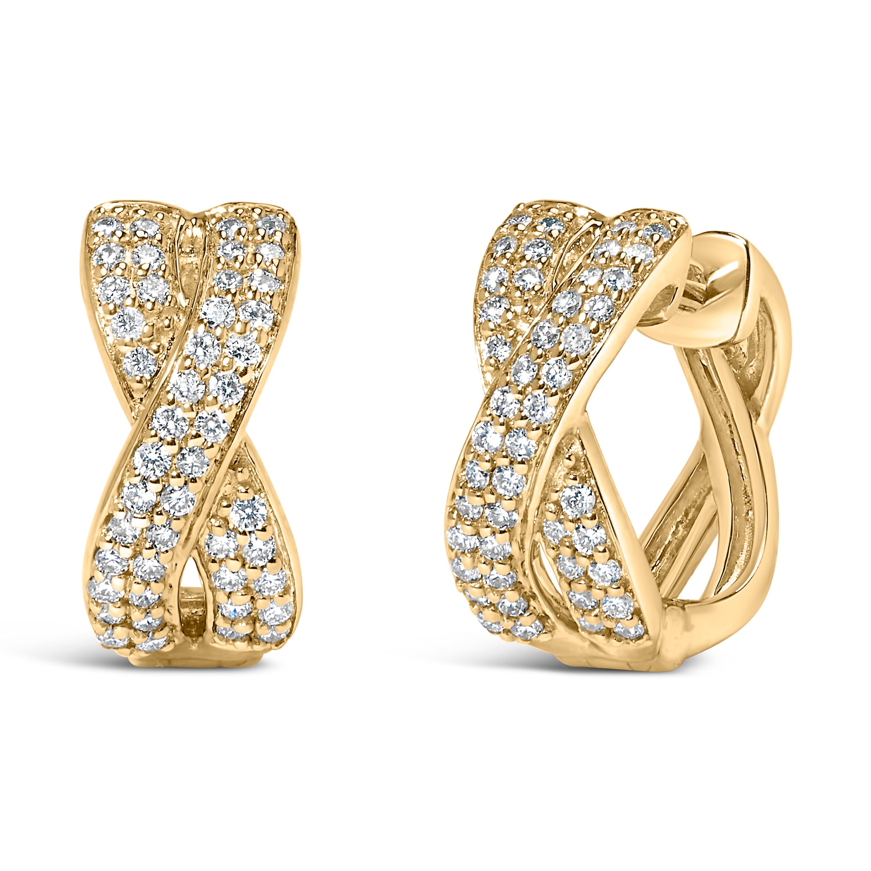 14K Yellow Gold 1/3 Cttw Diamond Criss Cross Huggie Hoop Earrings (G-H Color, SI2-I1 Clarity) DestGlow