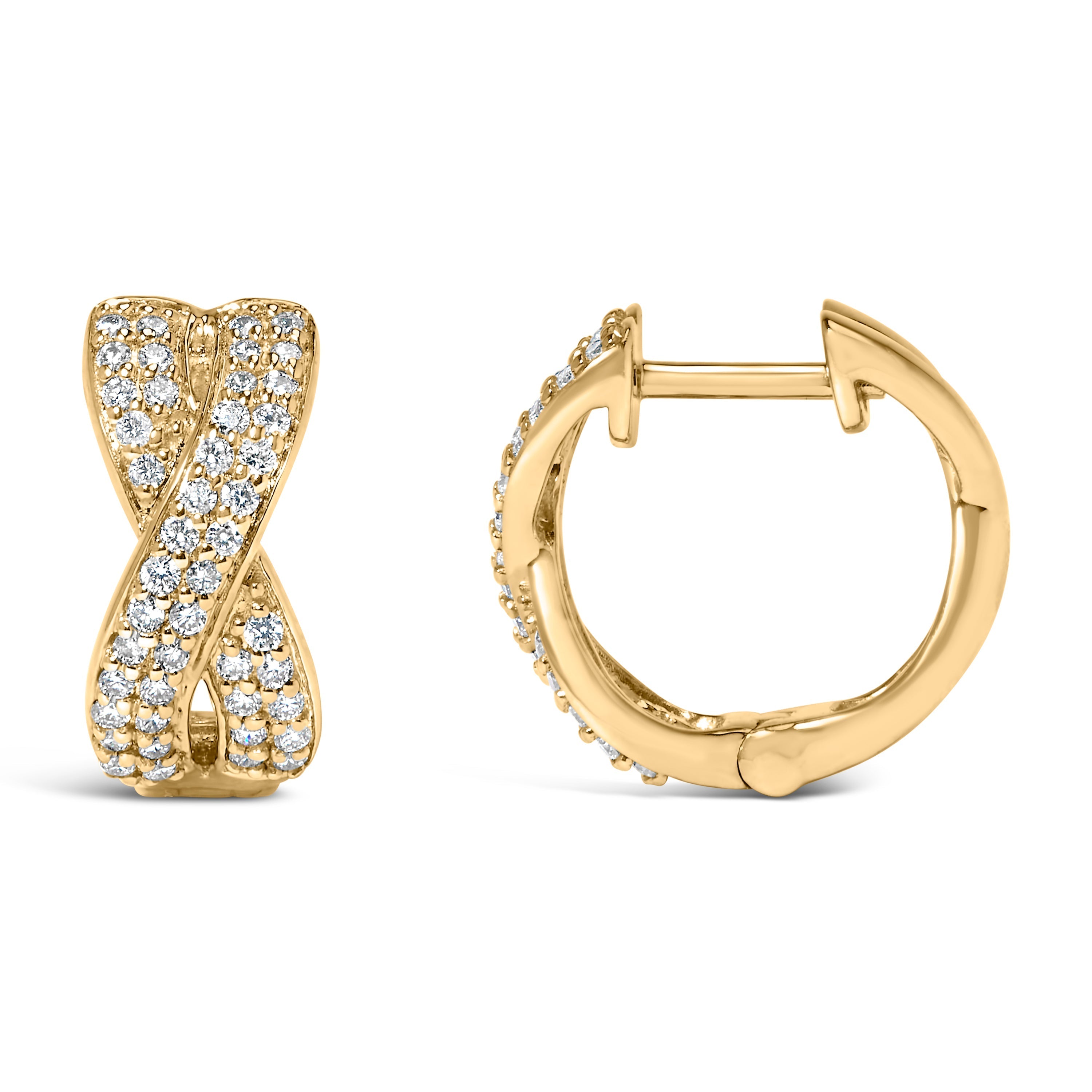 14K Yellow Gold 1/3 Cttw Diamond Criss Cross Huggie Hoop Earrings (G-H Color, SI2-I1 Clarity) DestGlow