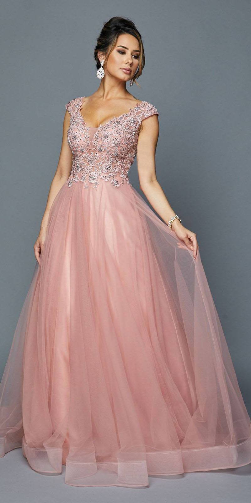 Juliet 684 Cap Sleeved Long Formal Dress with Appliques by DiscountDressShop