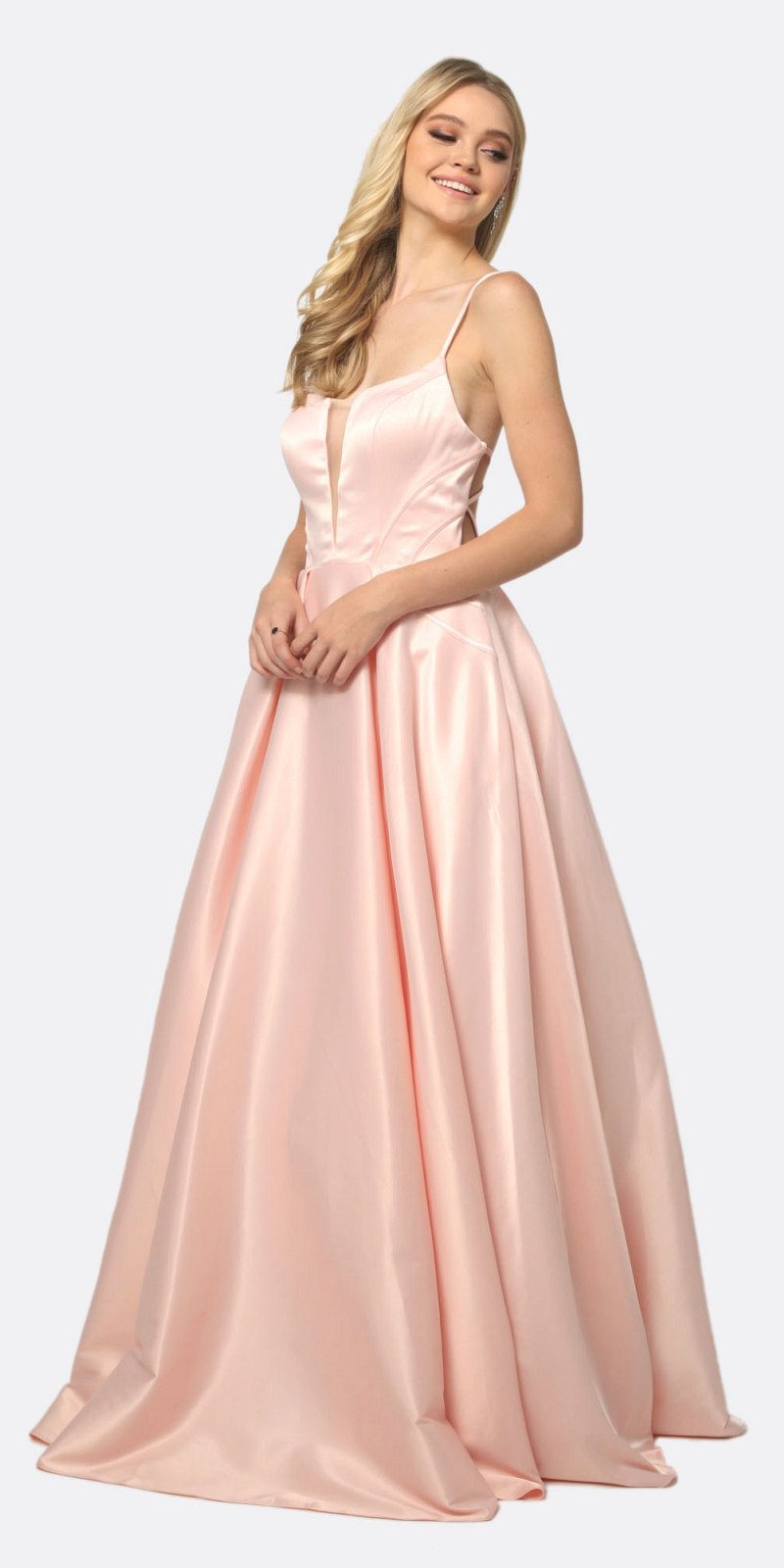 Juliet 687 Long Shiny Satin A-line Prom Gown with Pockets by DiscountDressShop