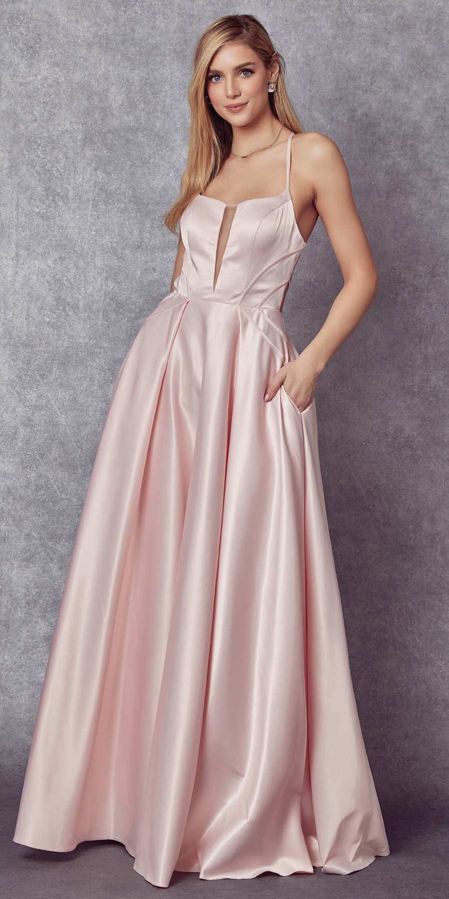 Juliet 687 Long Shiny Satin A-line Prom Gown with Pockets by DiscountDressShop