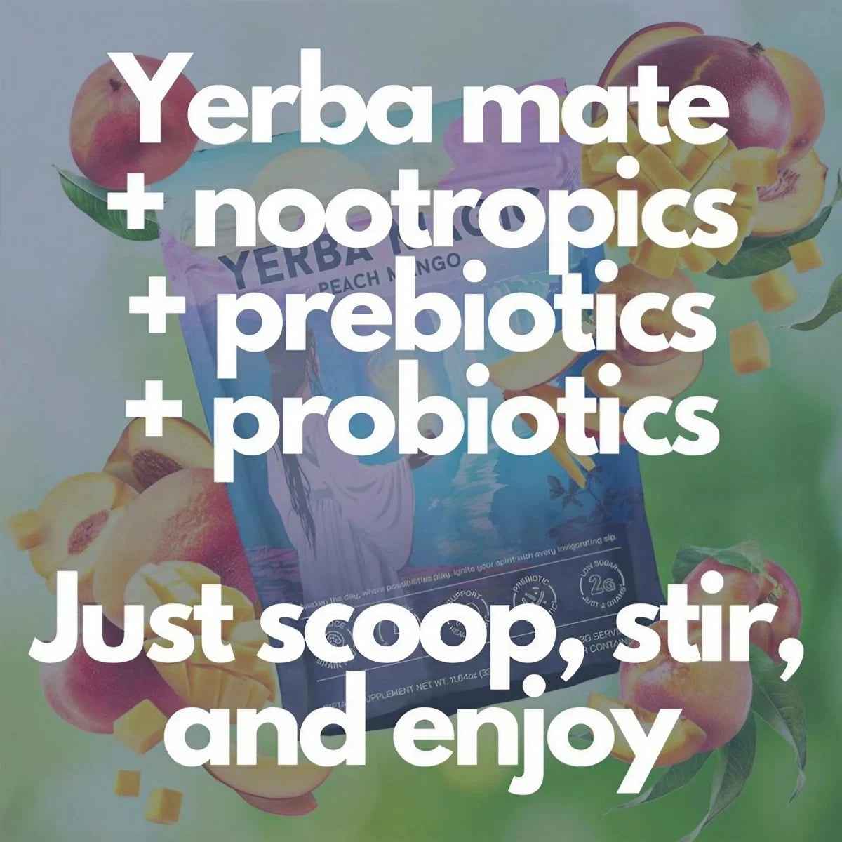 Yerba Mate Instant Tea Powder, 3-in-1 Super Drink - Clean Energy, Brain Fog Buster, and Gut Health Powered by Nootropics, Prebiotics and Probiotics | Yerba Magic Peach Mango 30 Servings