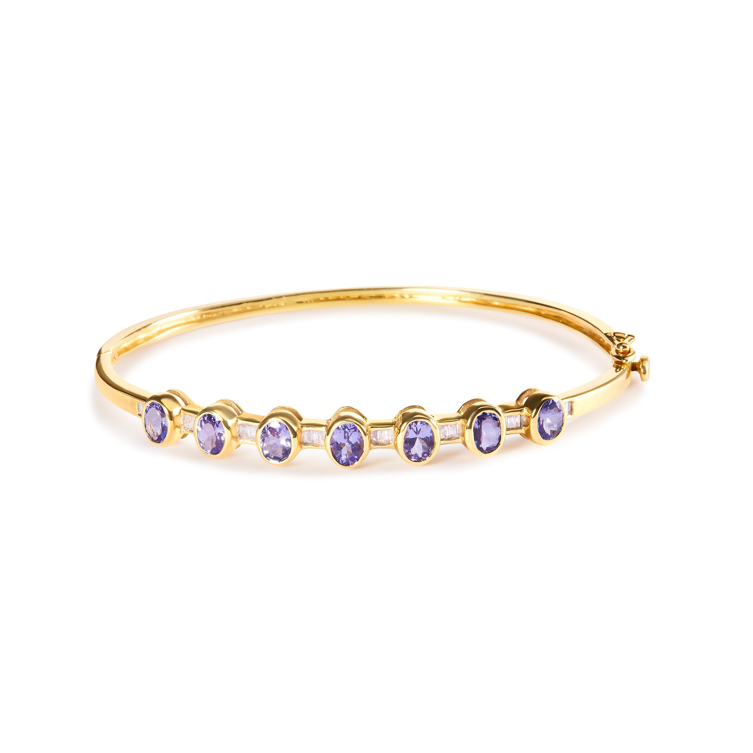 14K Yellow Gold Alternating Bezel Set 5MM Oval Shaped Tanzanite and 1/5 Cttw Diamond Bangle Bracelet (H-I Color, VS2-SI1 Clarity) - Fit&