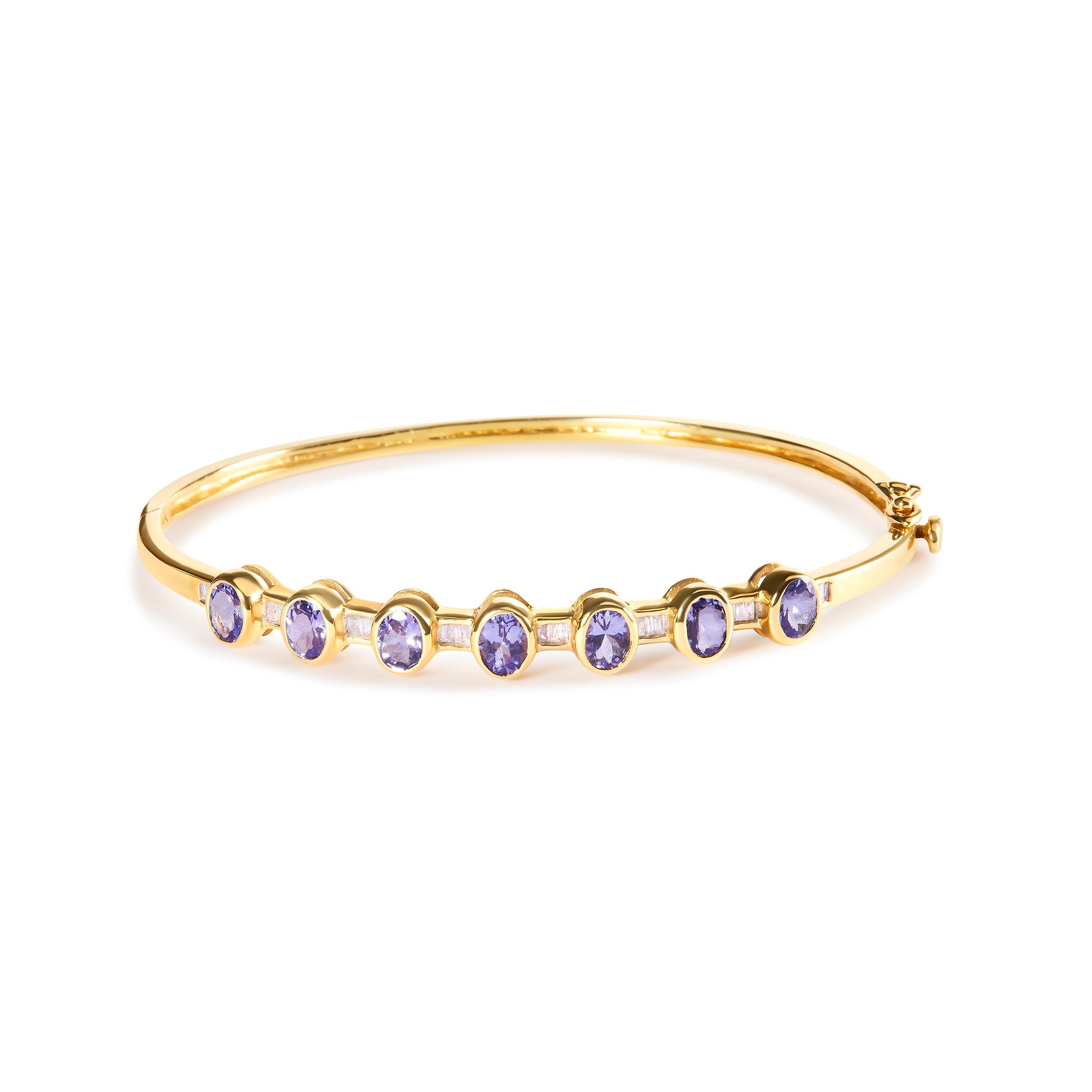 14K Yellow Gold Alternating Bezel Set 5MM Oval Shaped Tanzanite and 1/5 Cttw Diamond Bangle Bracelet (H-I Color, VS2-SI1 Clarity) - Fit&