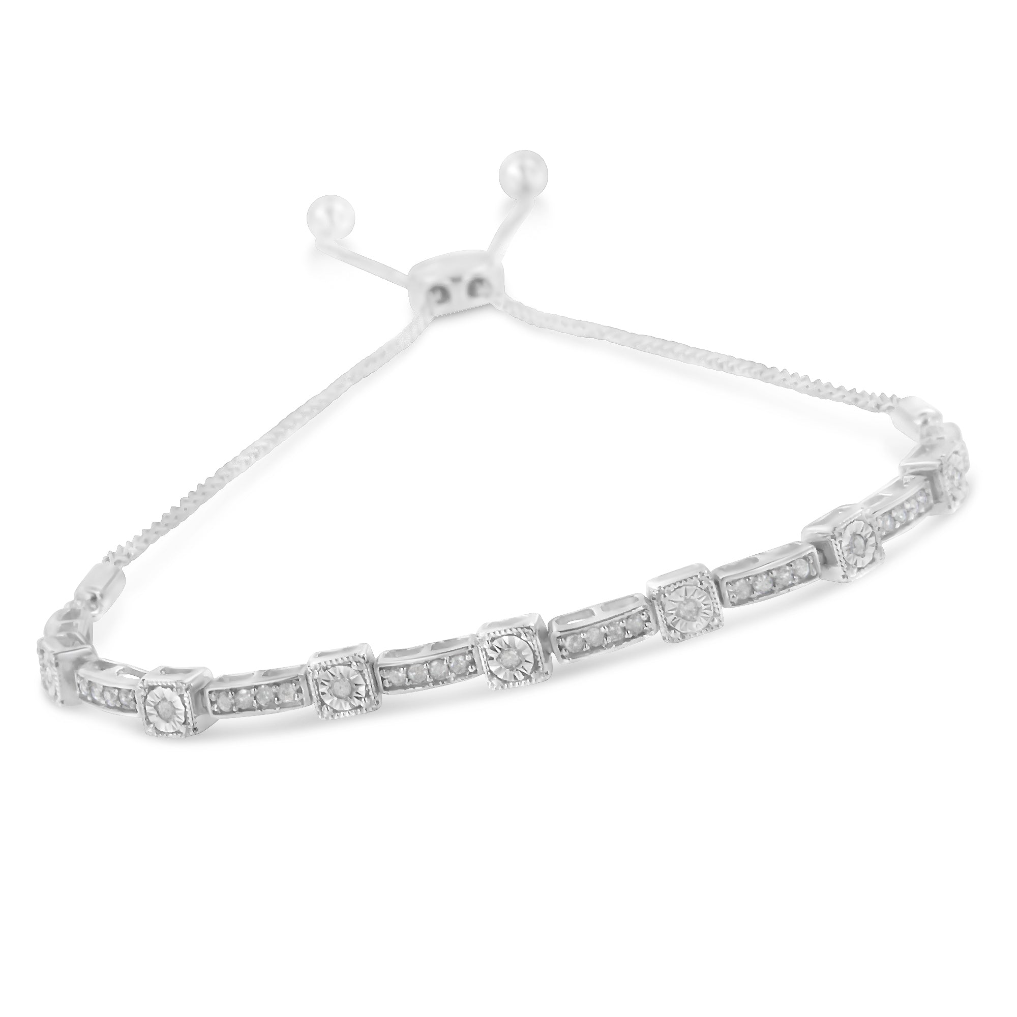 .925 Sterling Silver 1/4 Cttw Diamond 4â€-10†Adjustable Bolo Alternating Square and Rectangle Bolo Bracelet (I-J Color, I3 Clarity) DestGlow