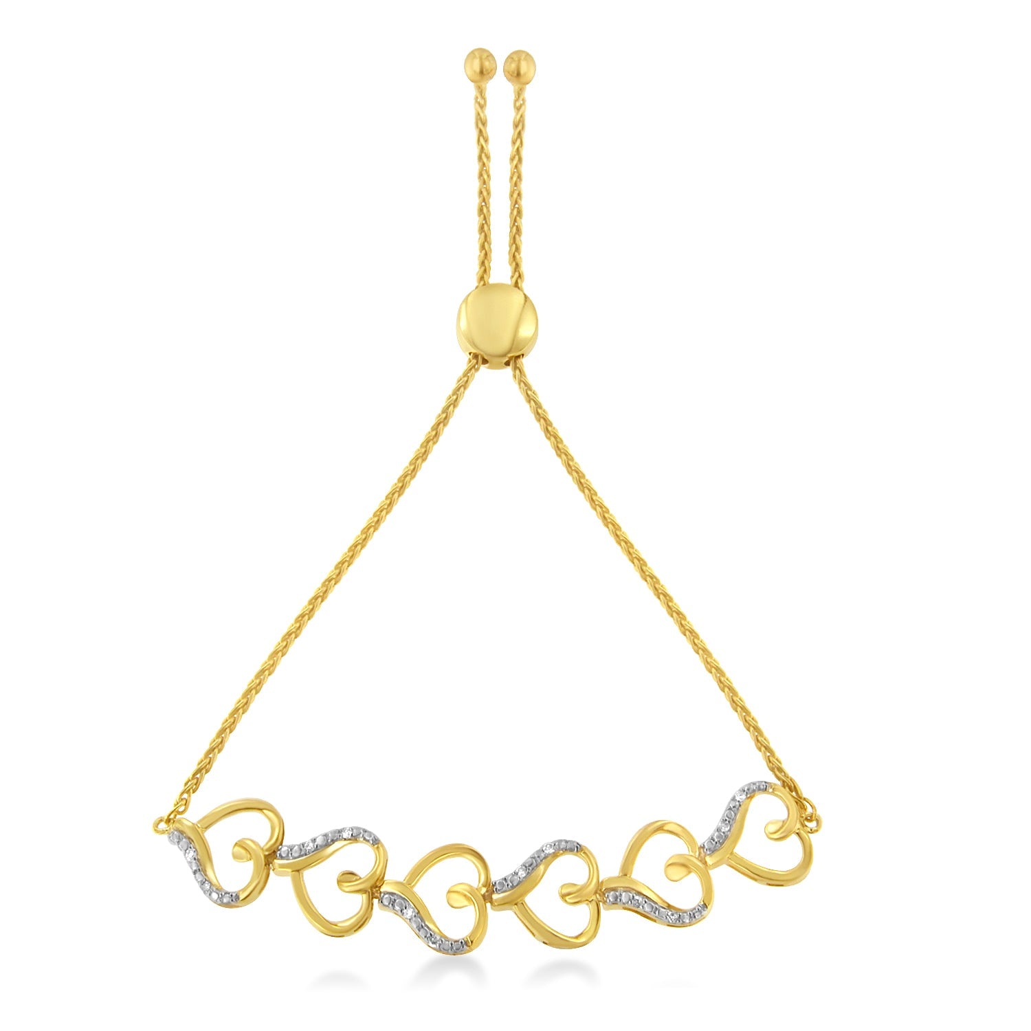 10K Yellow Gold over .925 Sterling Silver Diamond Accented Open Hearts 6â€-9†Adjustable Chain Bolo Bracelet