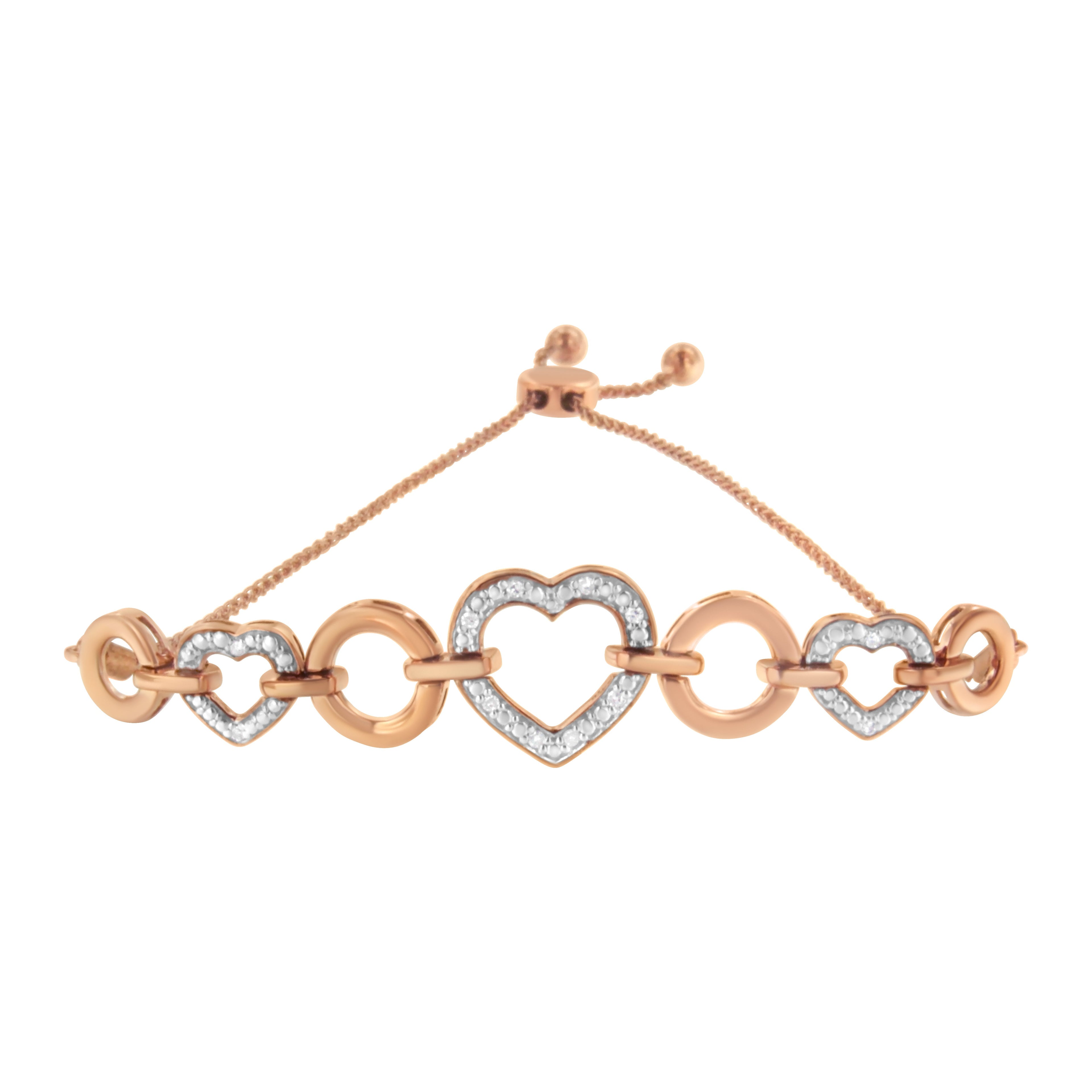 14K Rose Gold Plated .925 Sterling Silver Diamond Accent Circle and Heart Link Adjustable 6â€-10†Bolo Bracelet