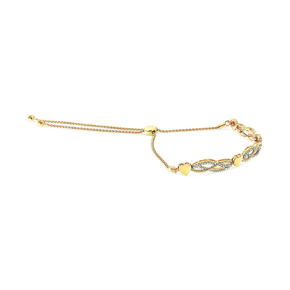 14K Yellow Gold Plated .925 Sterling Silver 1/10 Cttw Diamond Wave and Hearts Bolo Bracelet (I-J Color, I2-I3 Clarity) - 4"-10" Adjustable DestGlow