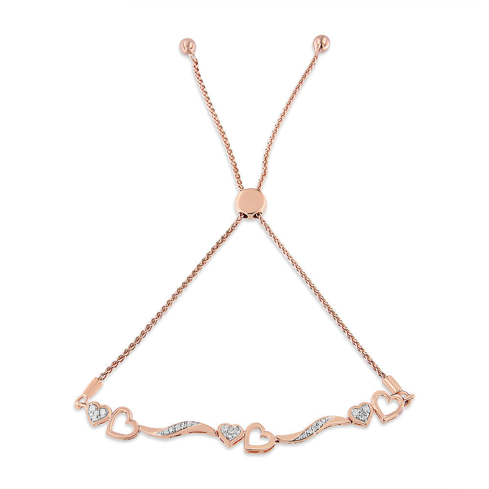 14K Rose Gold Plated .925 Sterling Silver 1/10 Cttw Diamond Wave and Hearts 4â€-10†Adjustable Bolo Bracelet (I-J Color, I3 Clarity)