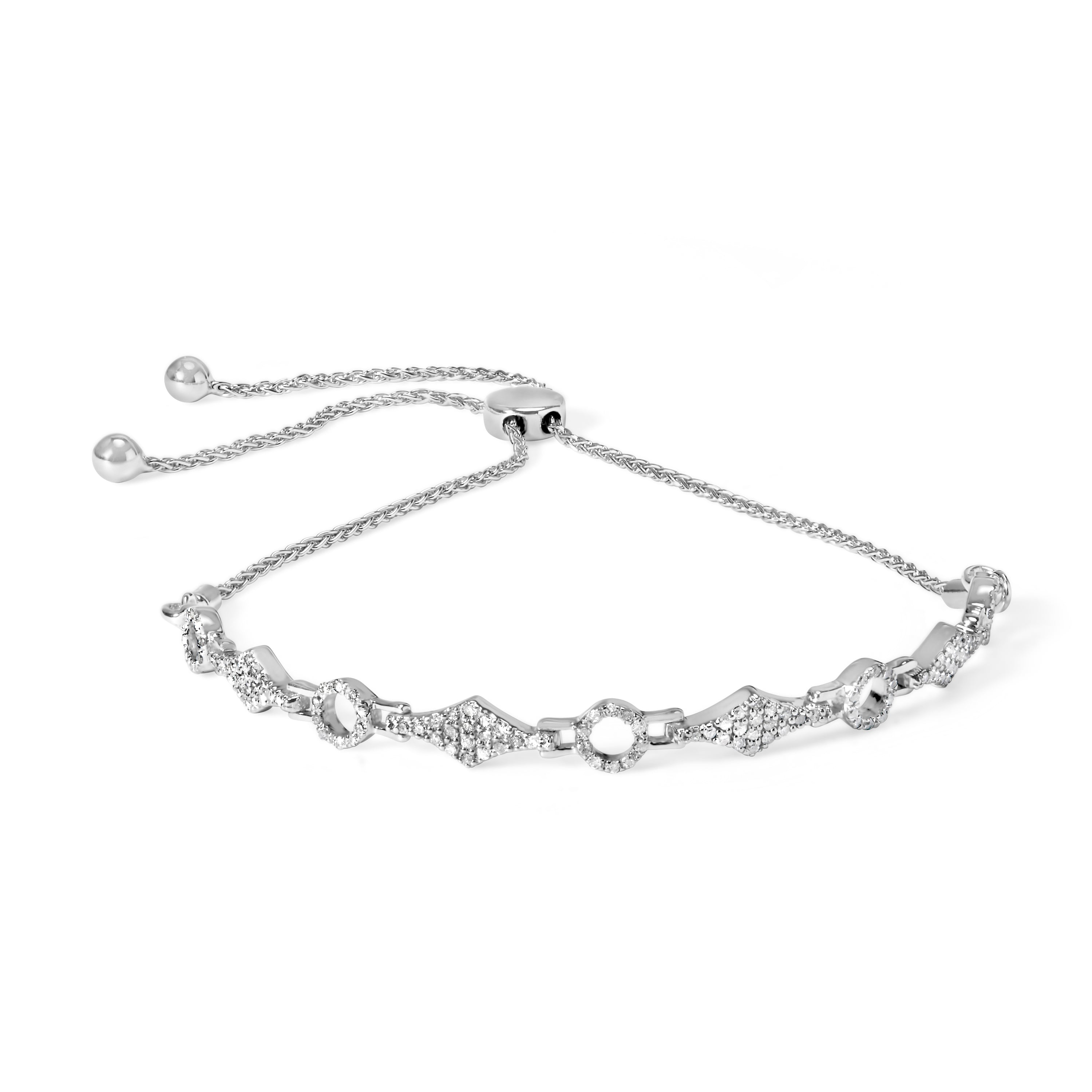 .925 Sterling Silver 1/2 Cttw Diamond Alternating Circle and Kite Link Adjustable Bolo Bracelet (I-J Color, I3 Clarity) - 4" to 10" Inches by Bids.com