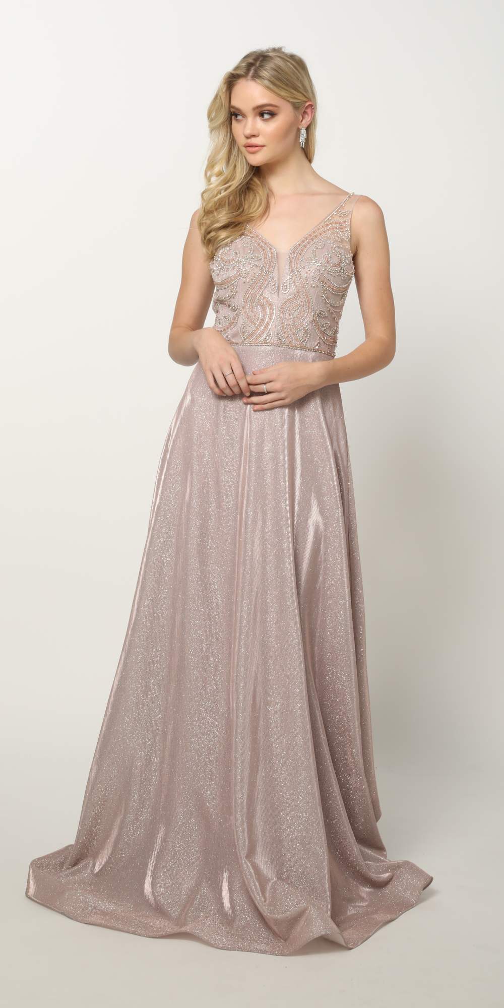 Juliet 699 Metallic Glitter Dress Embellished Bodice V-Neck Sleeveless by DiscountDressShop