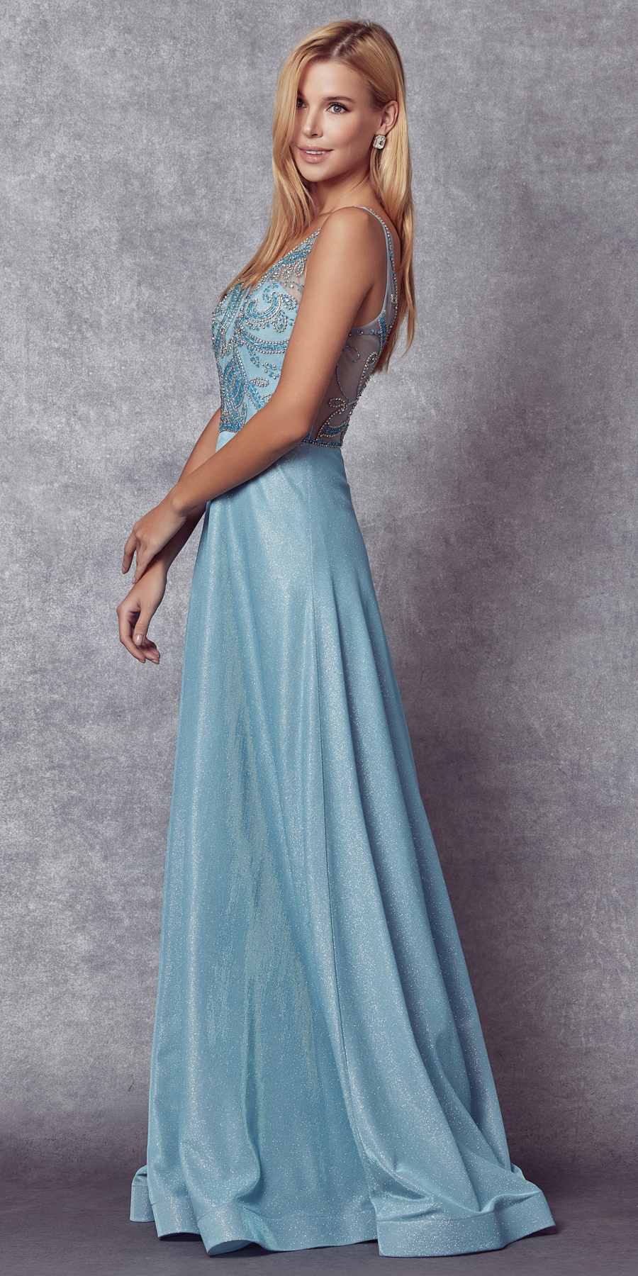 Juliet 699 Metallic Glitter Dress Embellished Bodice V-Neck Sleeveless by DiscountDressShop