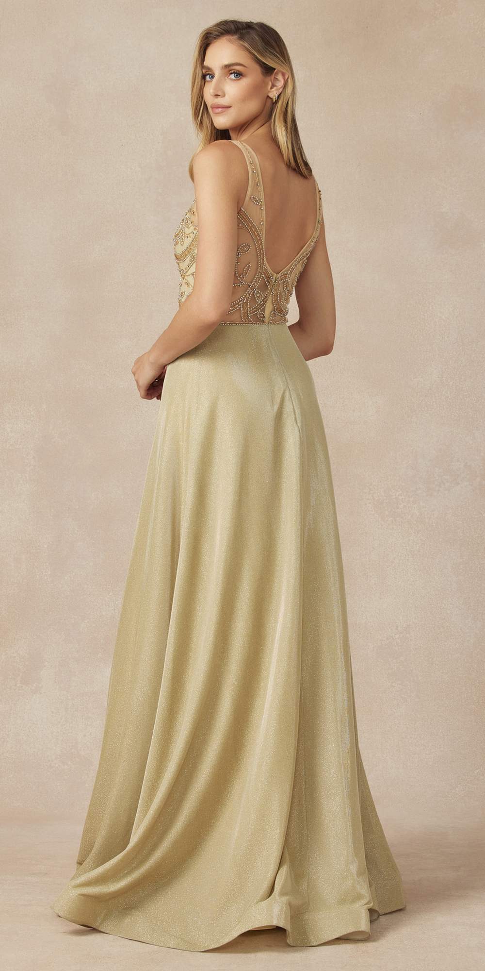 Juliet 699 Metallic Glitter Dress Embellished Bodice V-Neck Sleeveless by DiscountDressShop